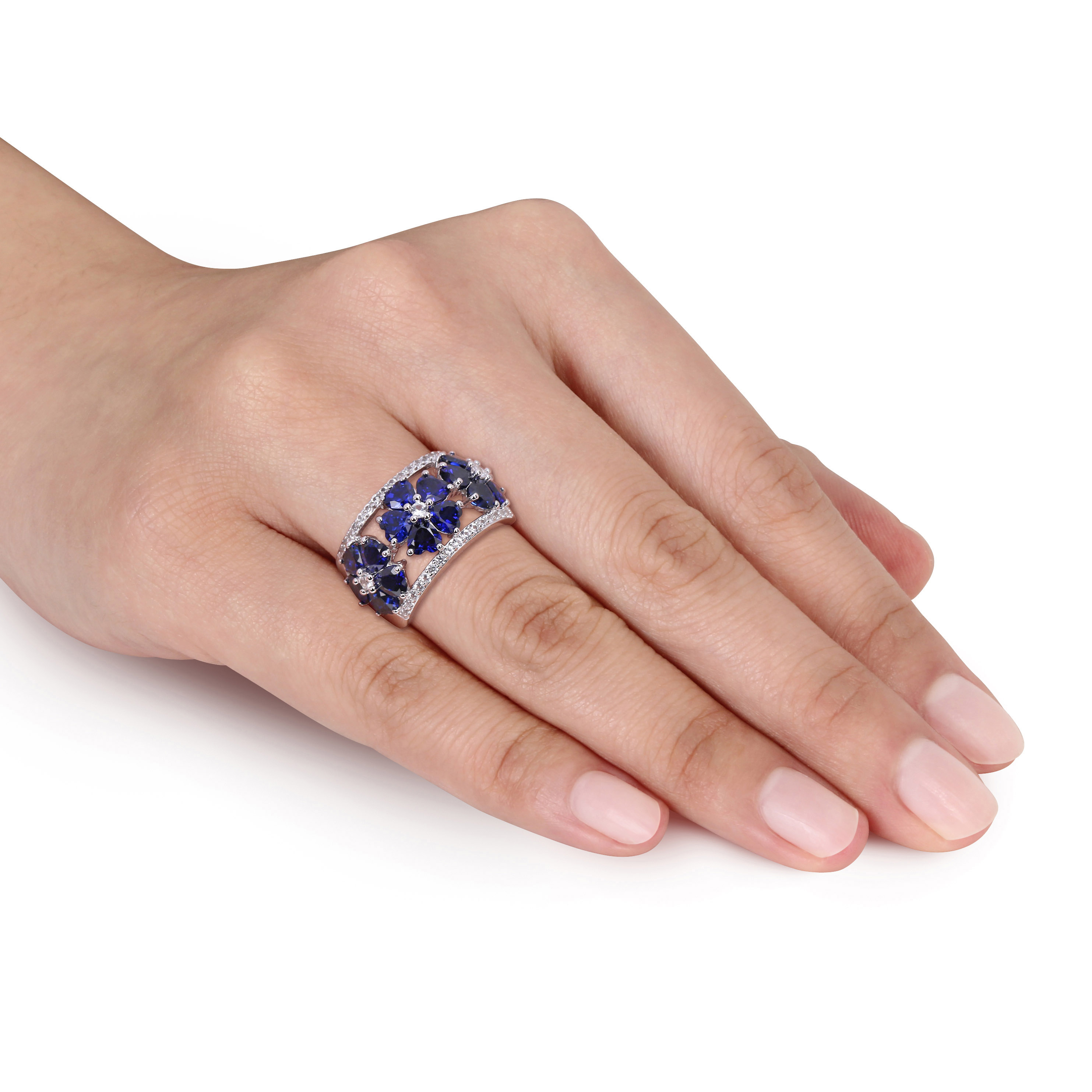 4 1/2 CT TGW Created Blue and White Sapphire Floral Ring in Sterling Silver