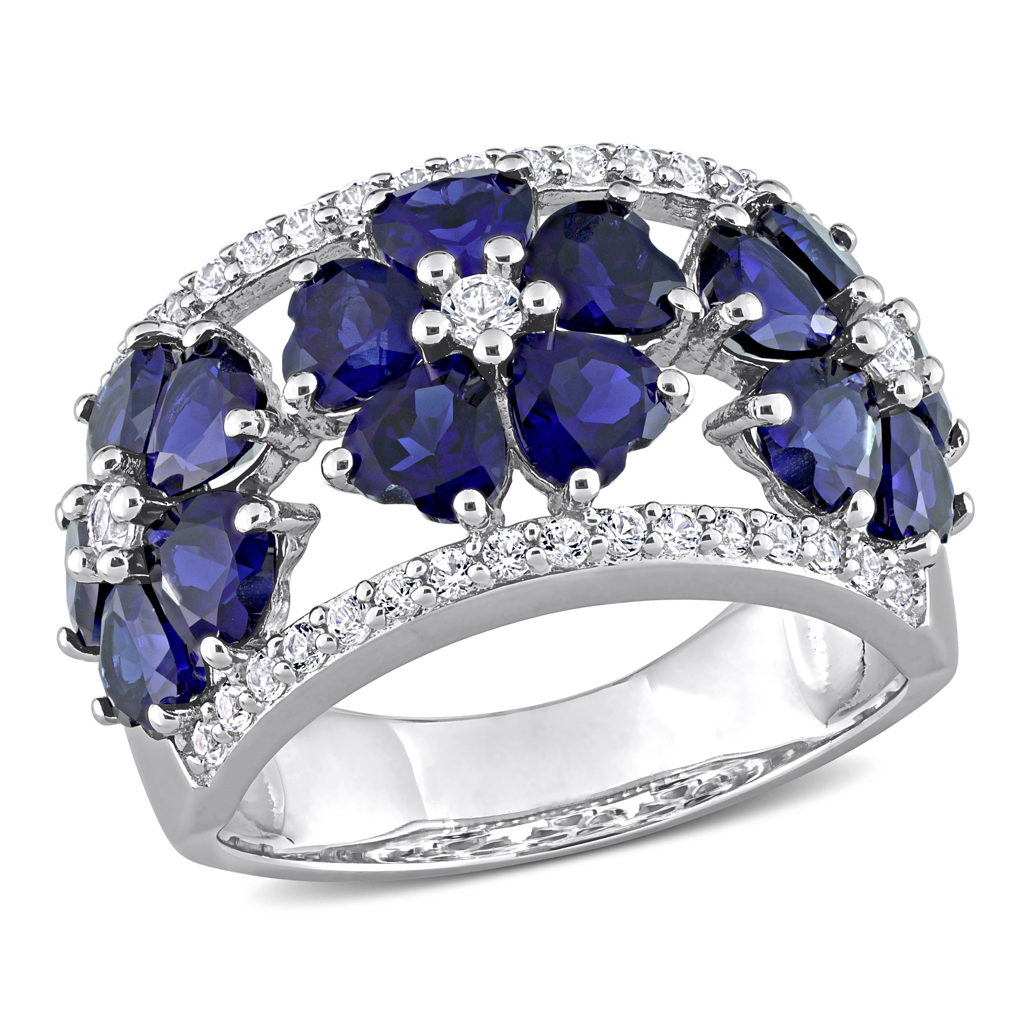 4 1/2 CT TGW Created Blue and White Sapphire Floral Ring in Sterling Silver