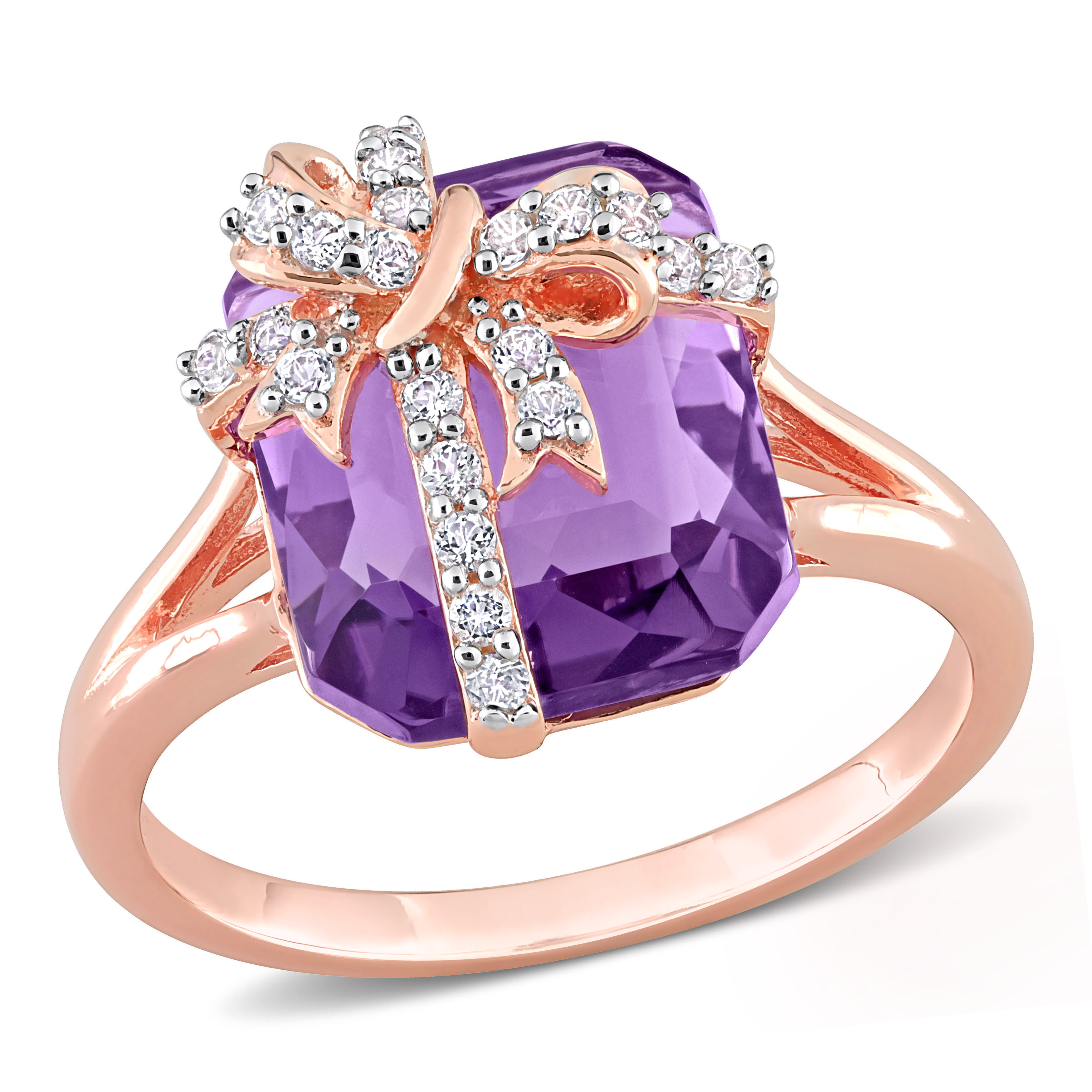 6 3/4 CT TGW Amethyst and White Topaz Ring in Rose Plated Sterling Silver