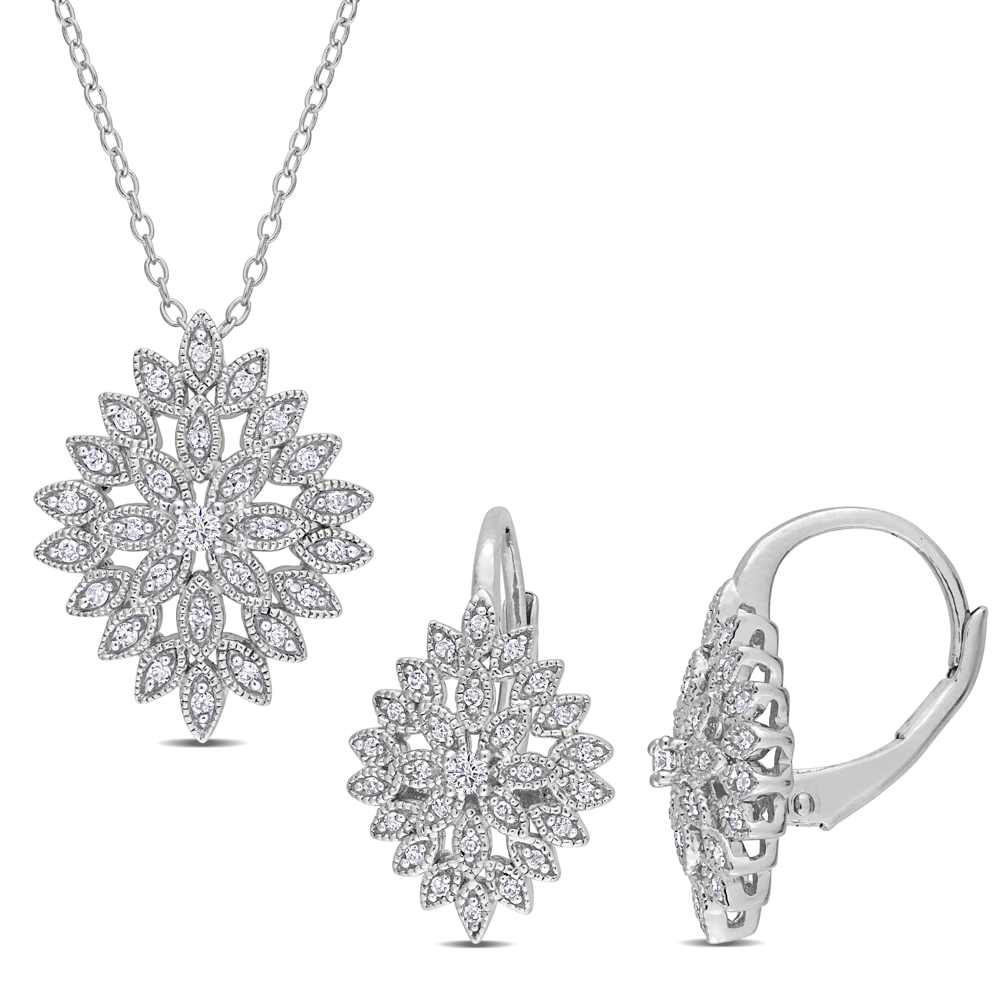 1/2 CT TDW Diamond Cluster 2-Piece Leverback Earrings and Necklace Set in Sterling Silver