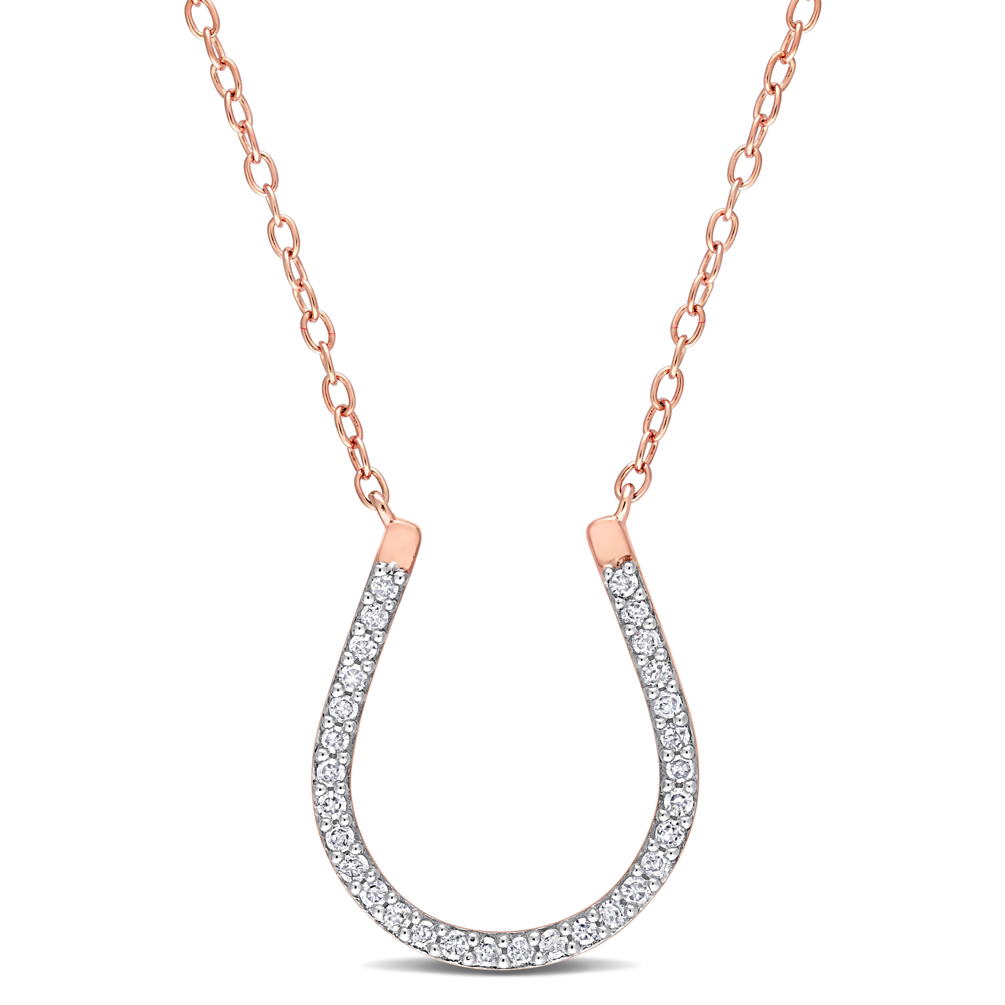 1/6 CT TW Diamond Horseshoe Pendant with Chain in Rose Plated Sterling Silver