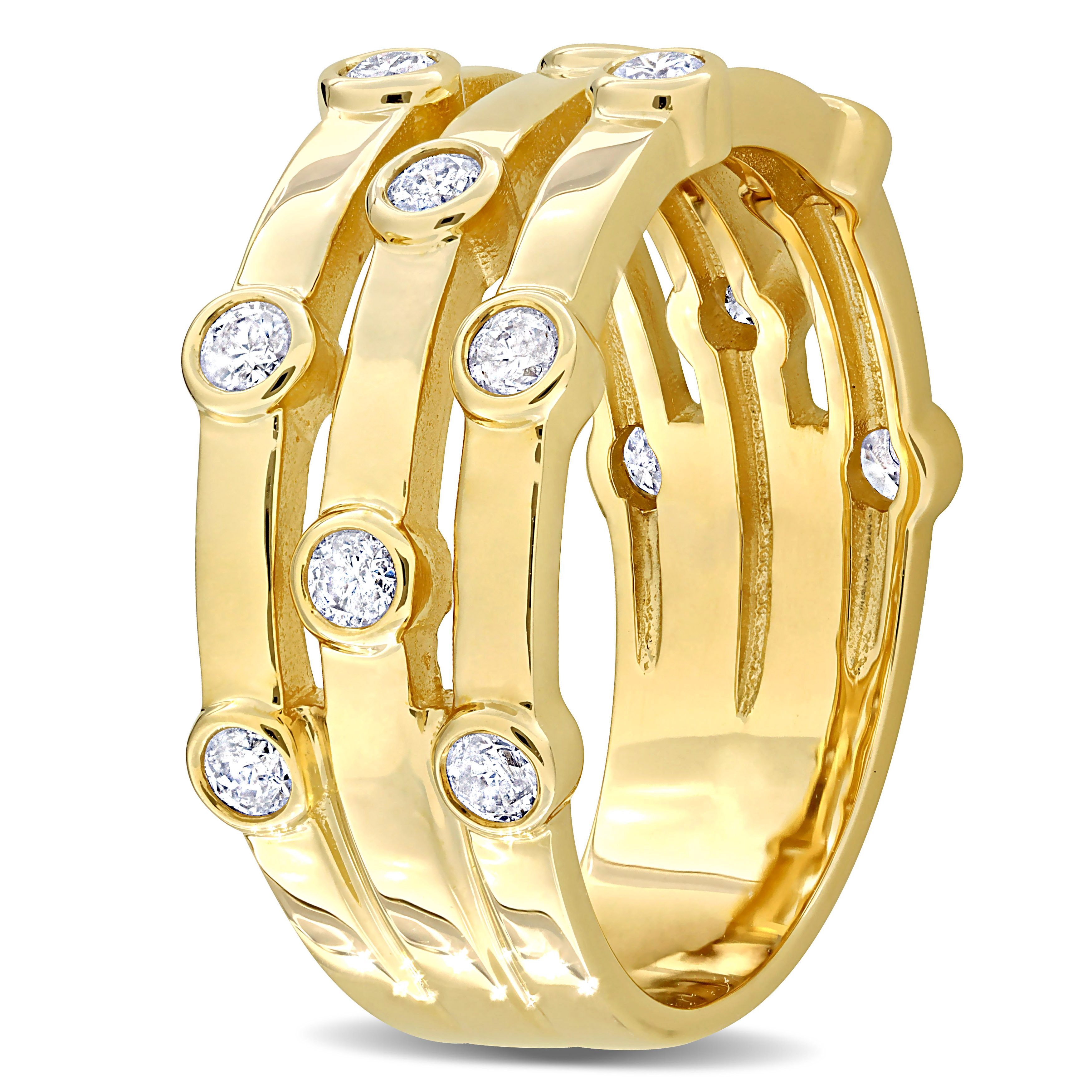 1/2 CT TW Diamond Triple Row Station Ring in 10k Yellow Gold