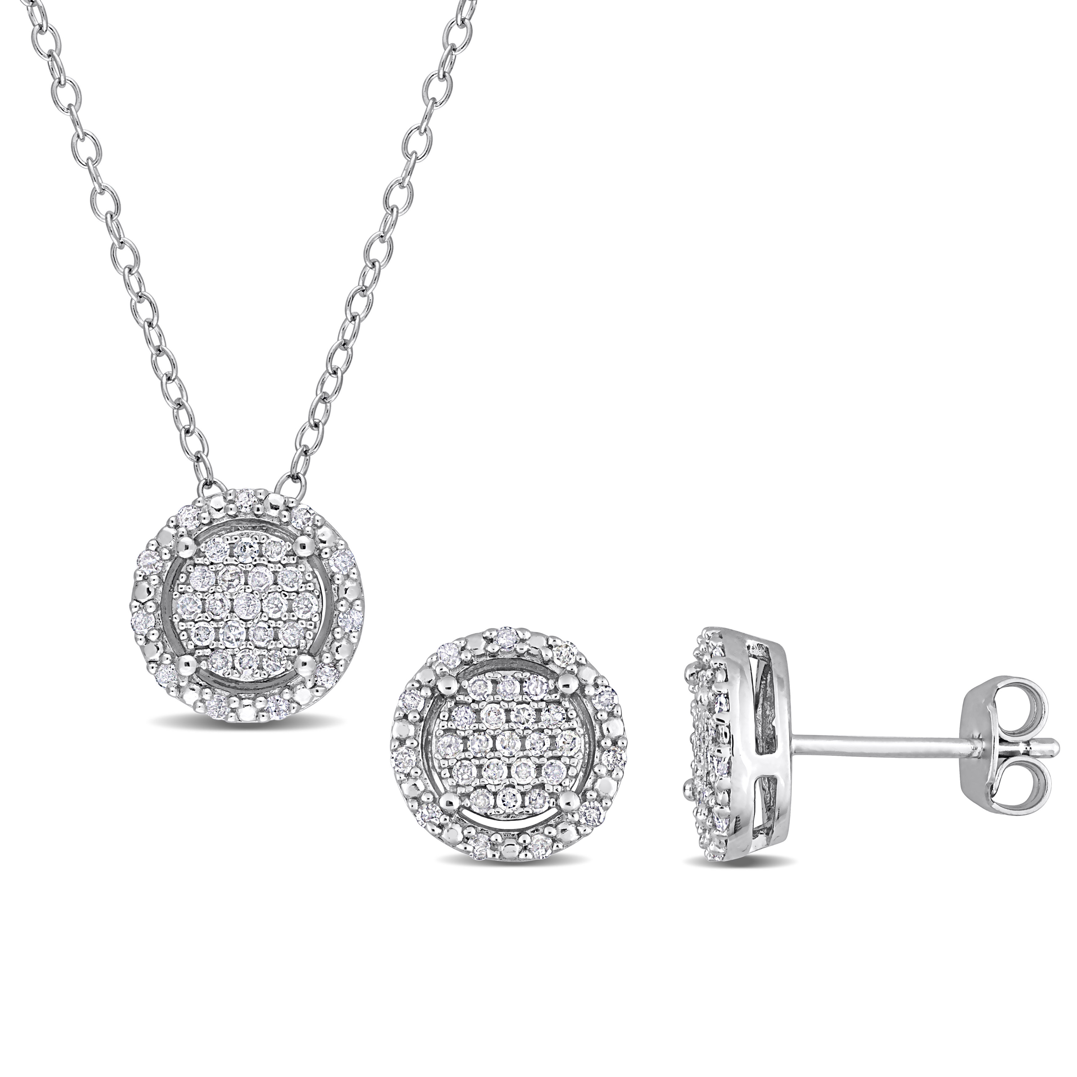 1/2 CT TW Diamond Cluster Halo Earrings and Pendant with Chain Set in Sterling Silver - 18 in