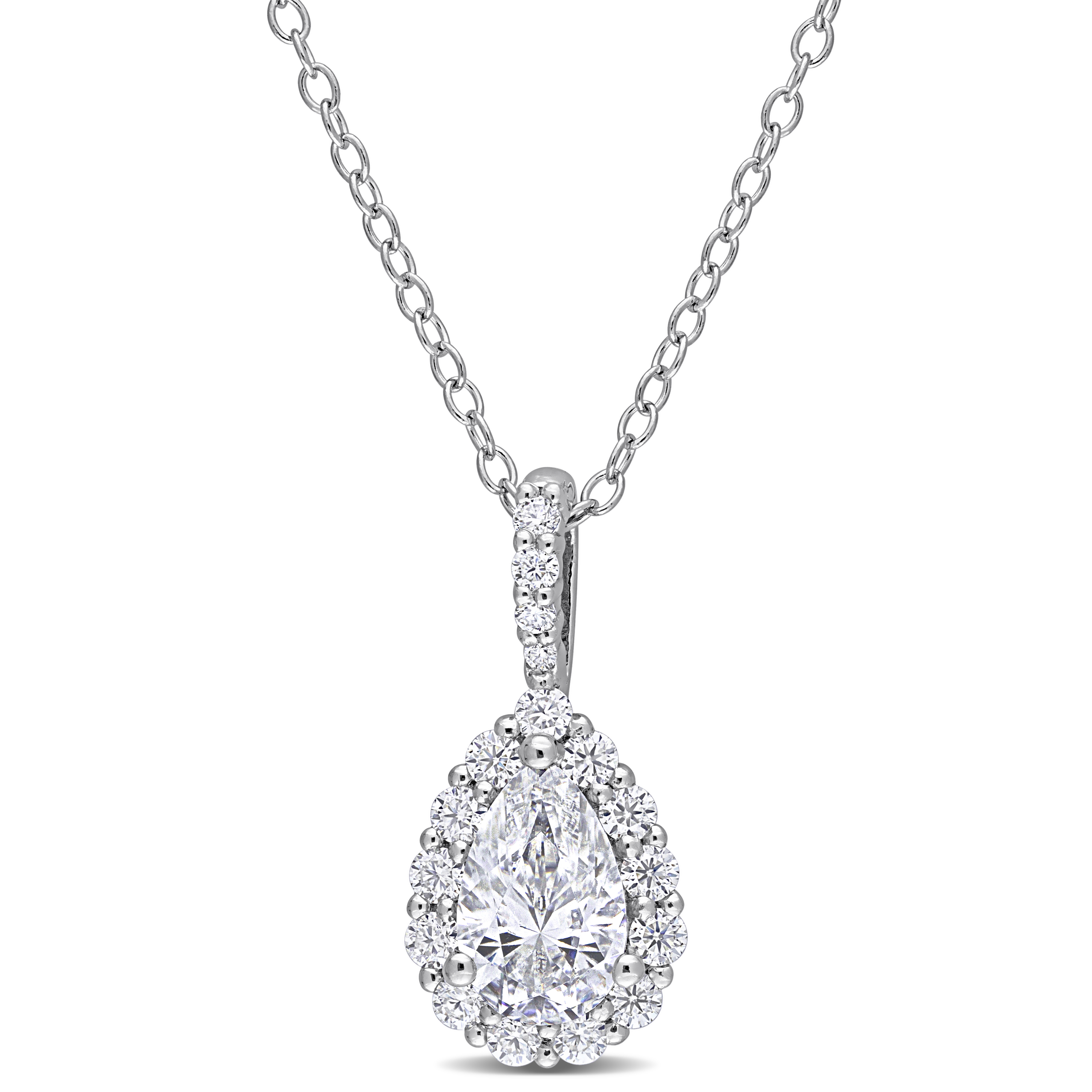 1 1/3 CT DEW Created Moissanite Teardrop Halo Pendant in Sterling Silver - 18 in.