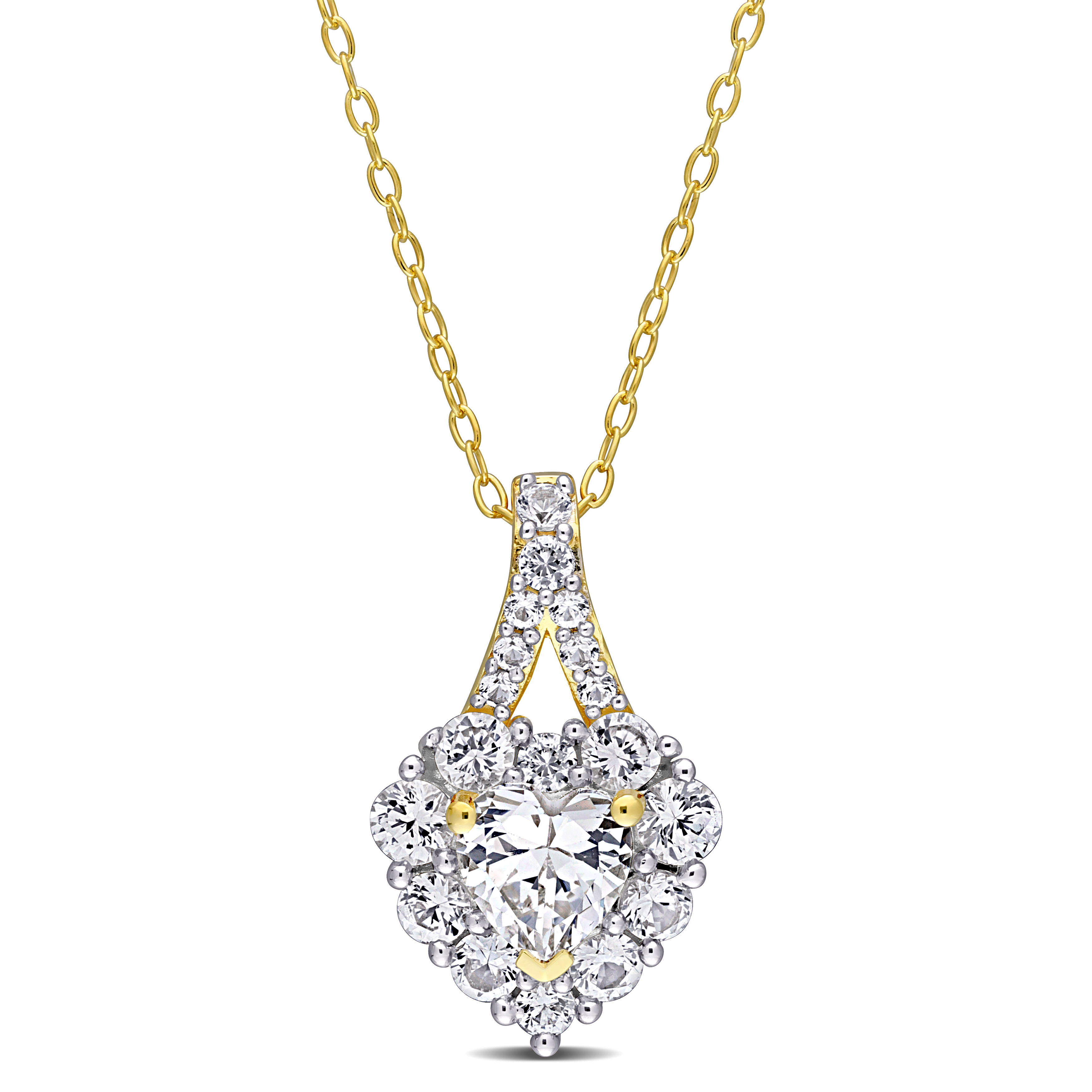 2 7/8 CT TGW Created White Sapphire Halo Heart Pendant With Chain in Yellow Plated Sterling Silver - 18 in.