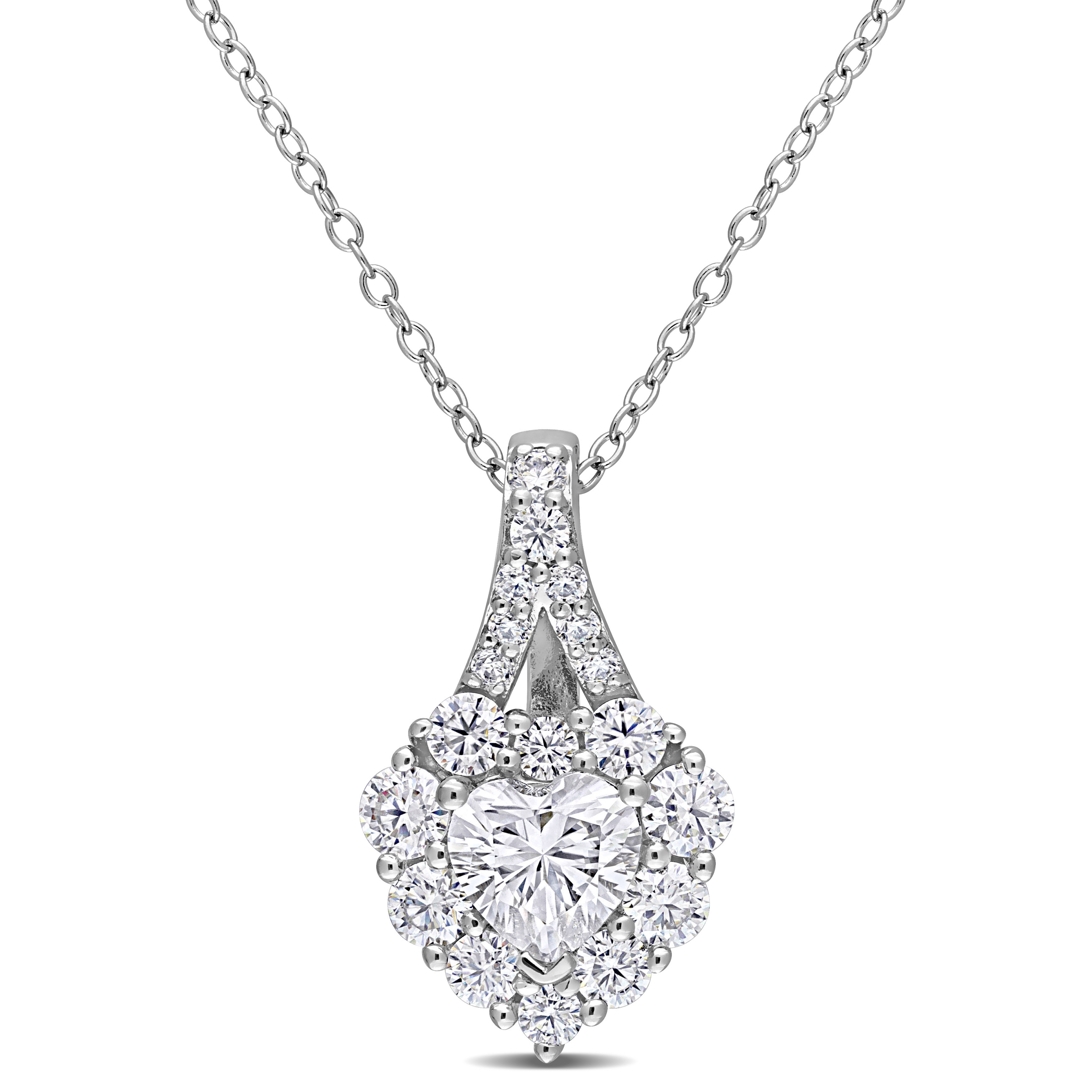 2 CT DEW Created Moissanite Halo Heart Pendant with Chain in Sterling Silver - 18 in.