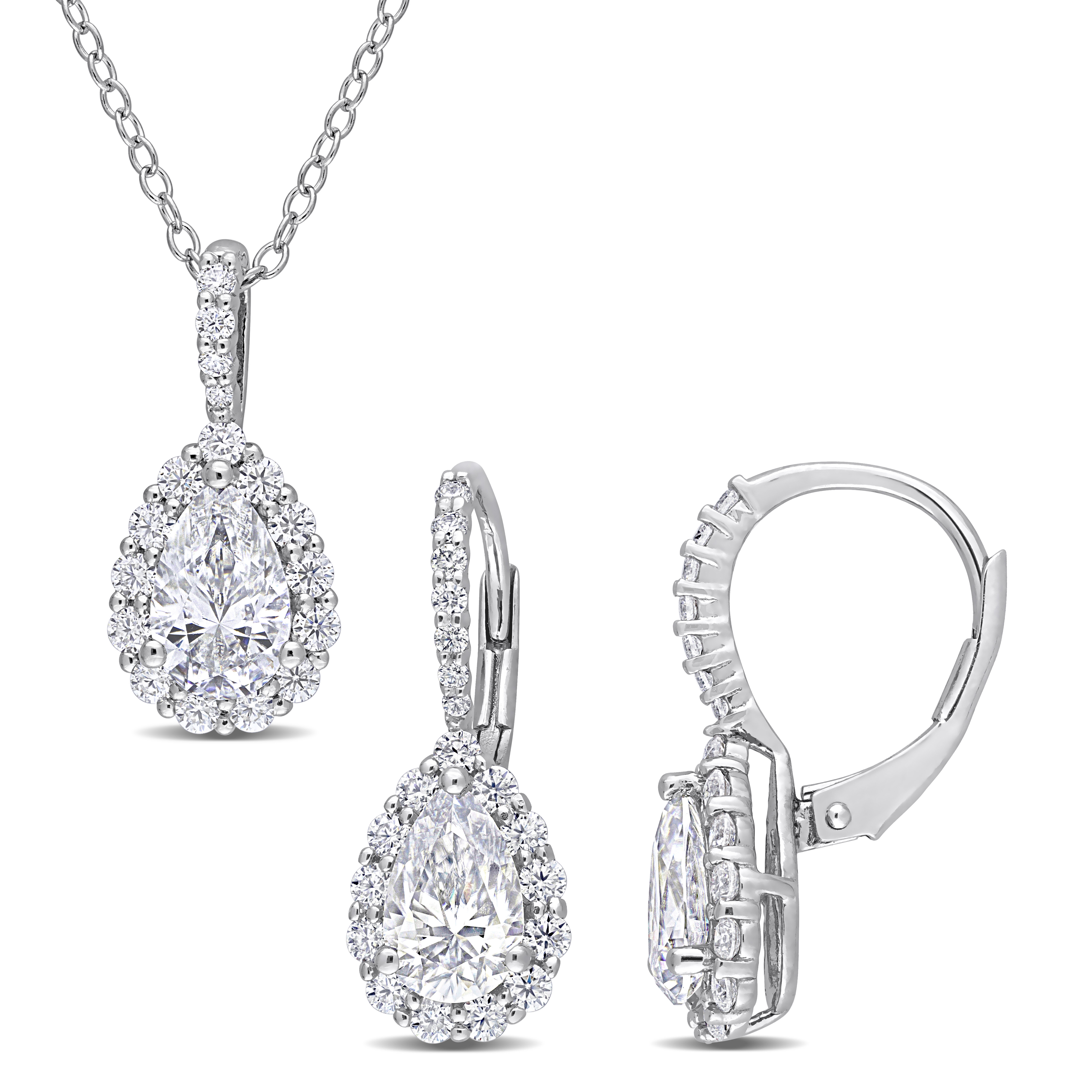 3 7/8 CT TGW Pear Shaped Moissanite Halo Pendant with Chain and Leverback Earrings 2-Piece Set in Sterling Silver
