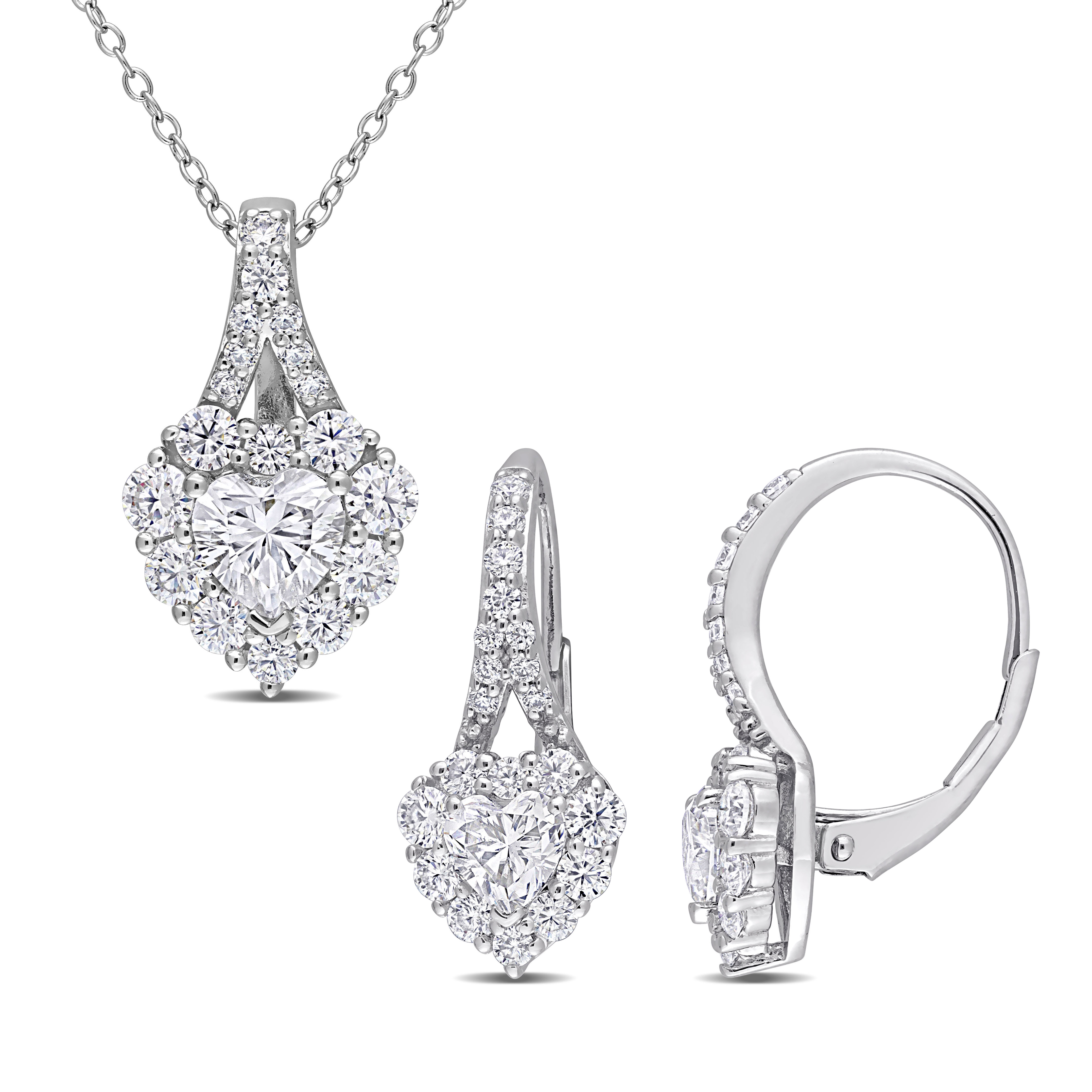 4 CT DEW Created Moissanite Heart Halo Leverback Earrings and Pendant with Chain 2-Piece Set in Sterling Silver