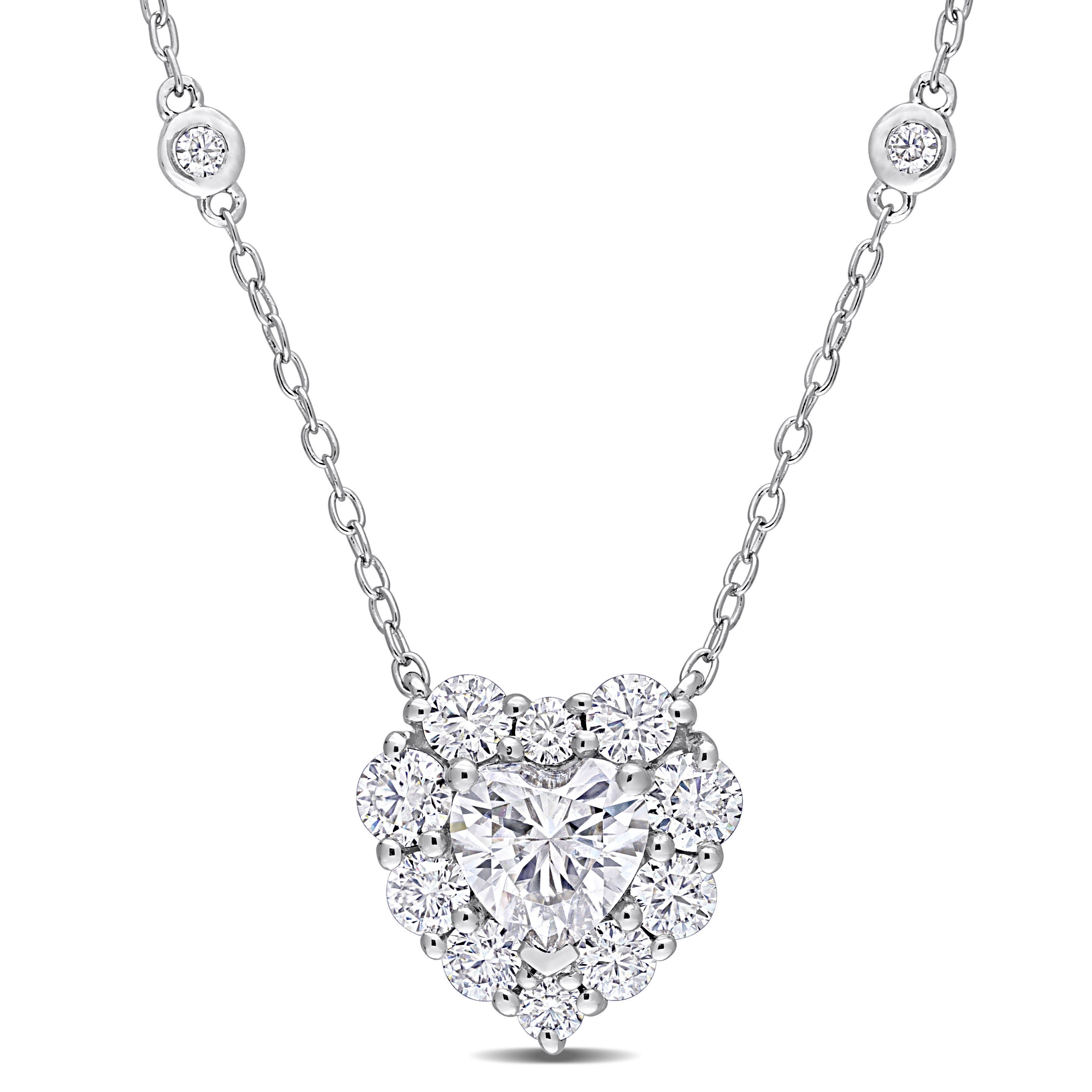 2 CT DEW Created Moissanite Halo Heart Necklace in Sterling Silver - 18 in.