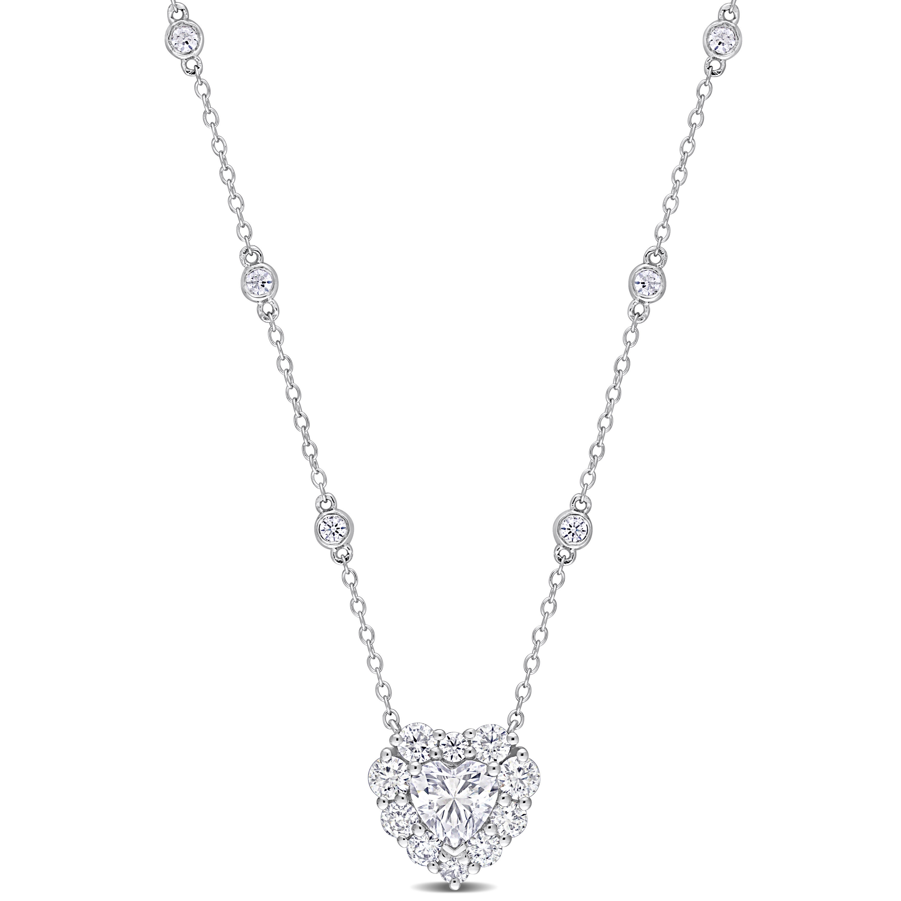 2.07 CT DEW Heart Shape Created Moissanite Halo Station Necklace in Sterling Silver - 18+2 in.
