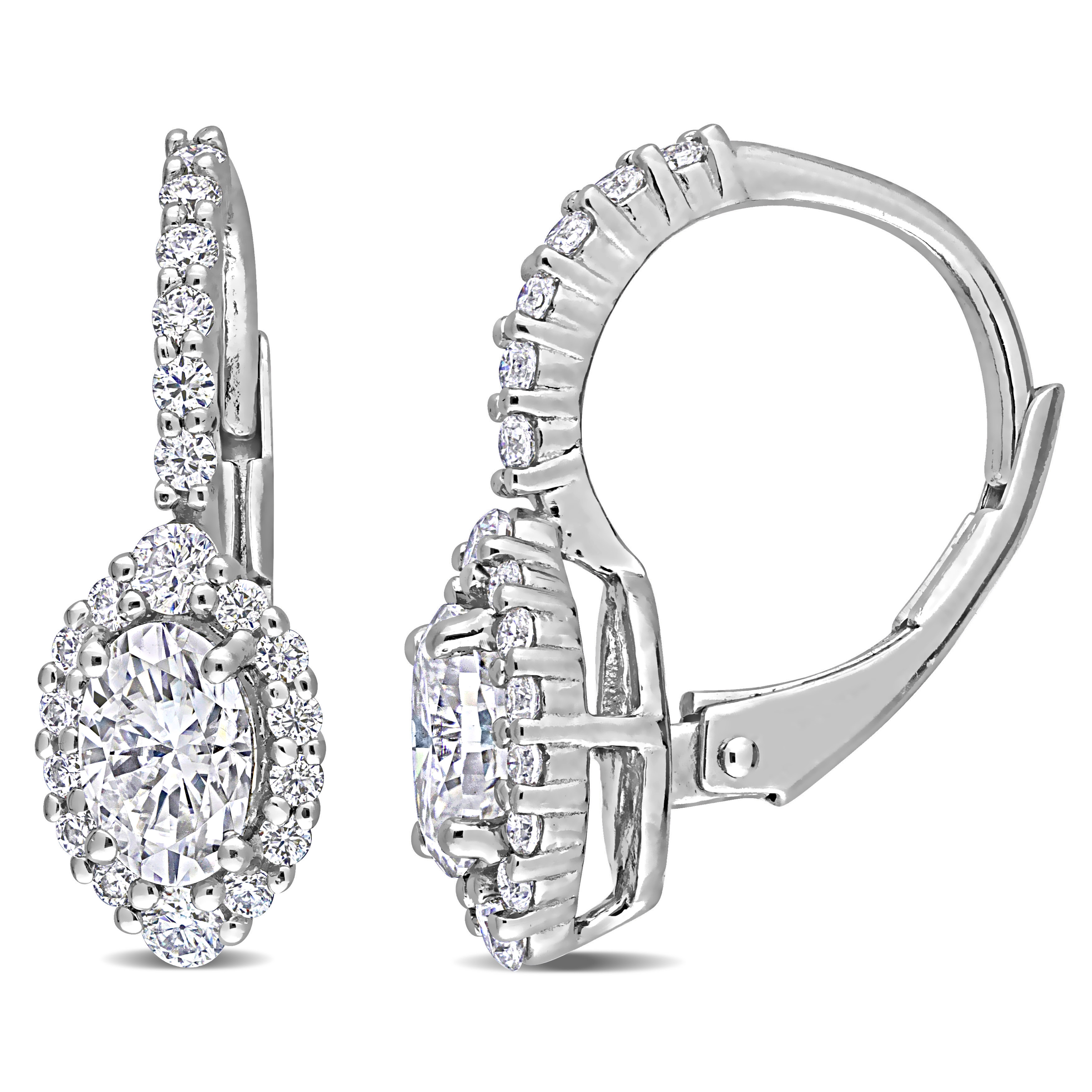 1 1/2 CT DEW Created Moissanite Oval Halo Leverback Earrings in Sterling Silver