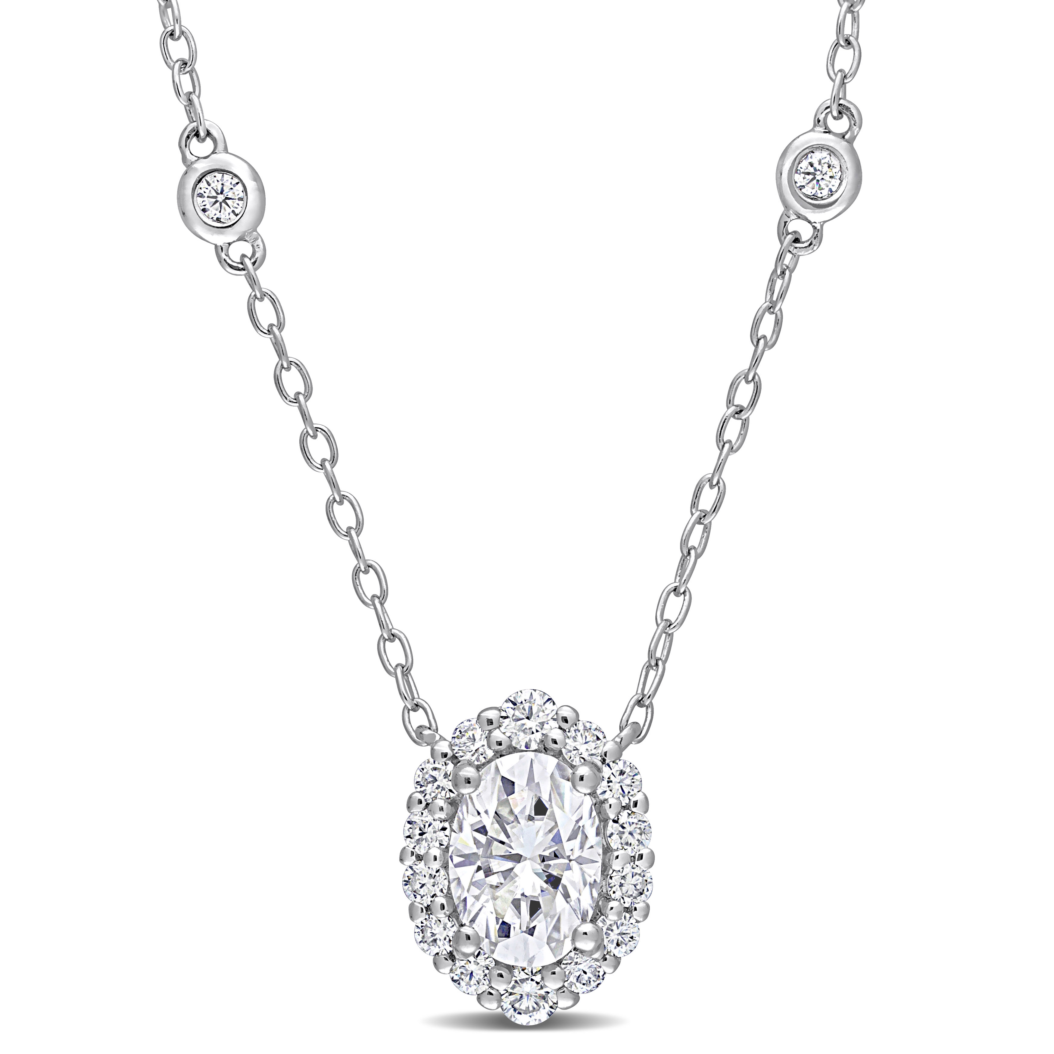 1 1/2 CT DEW Created Moissanite Oval Halo Necklace in Sterling Silver - 18 in.