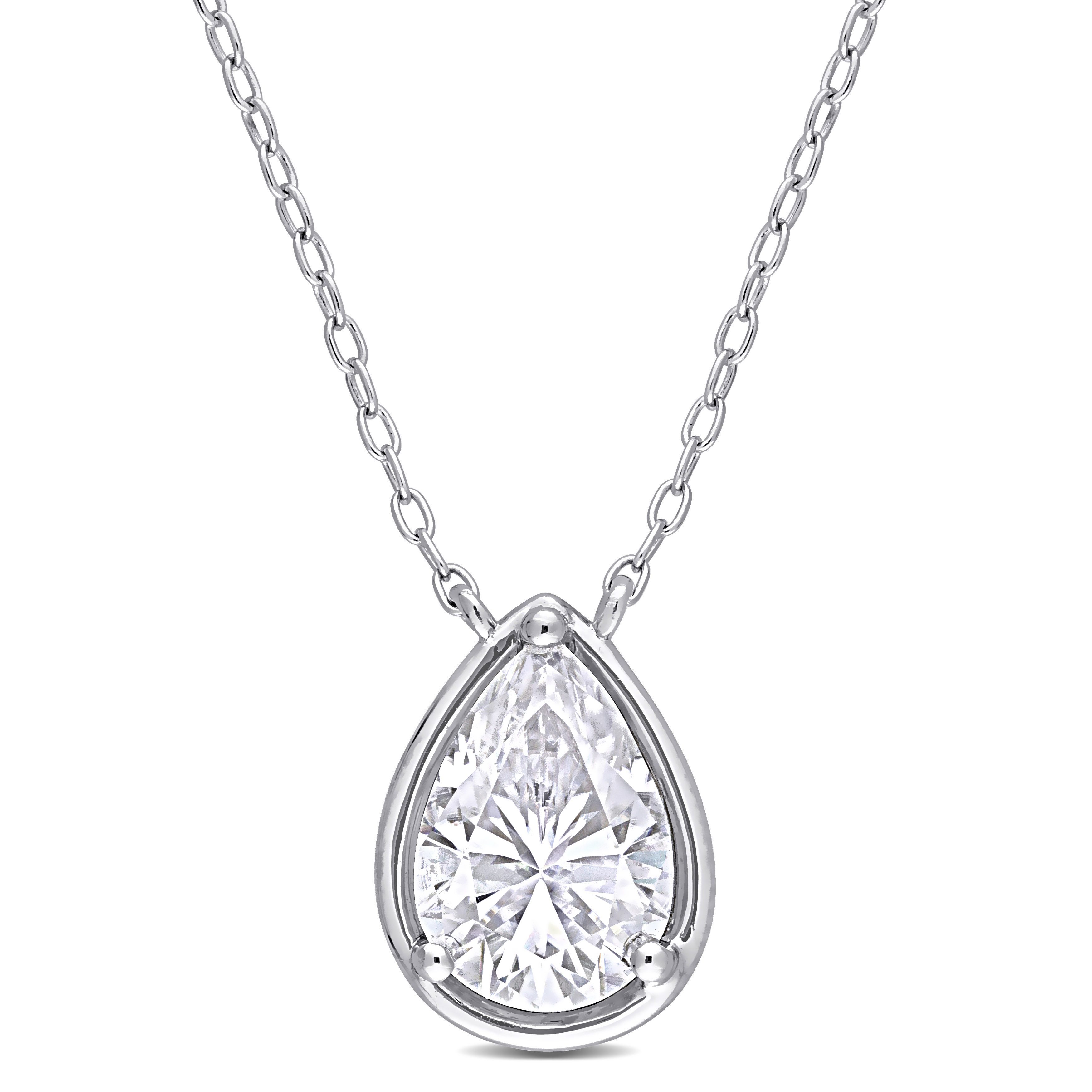 2 CT TGW Created Moissanite Halo Teardrop Pendant with Chain in Sterling Silver