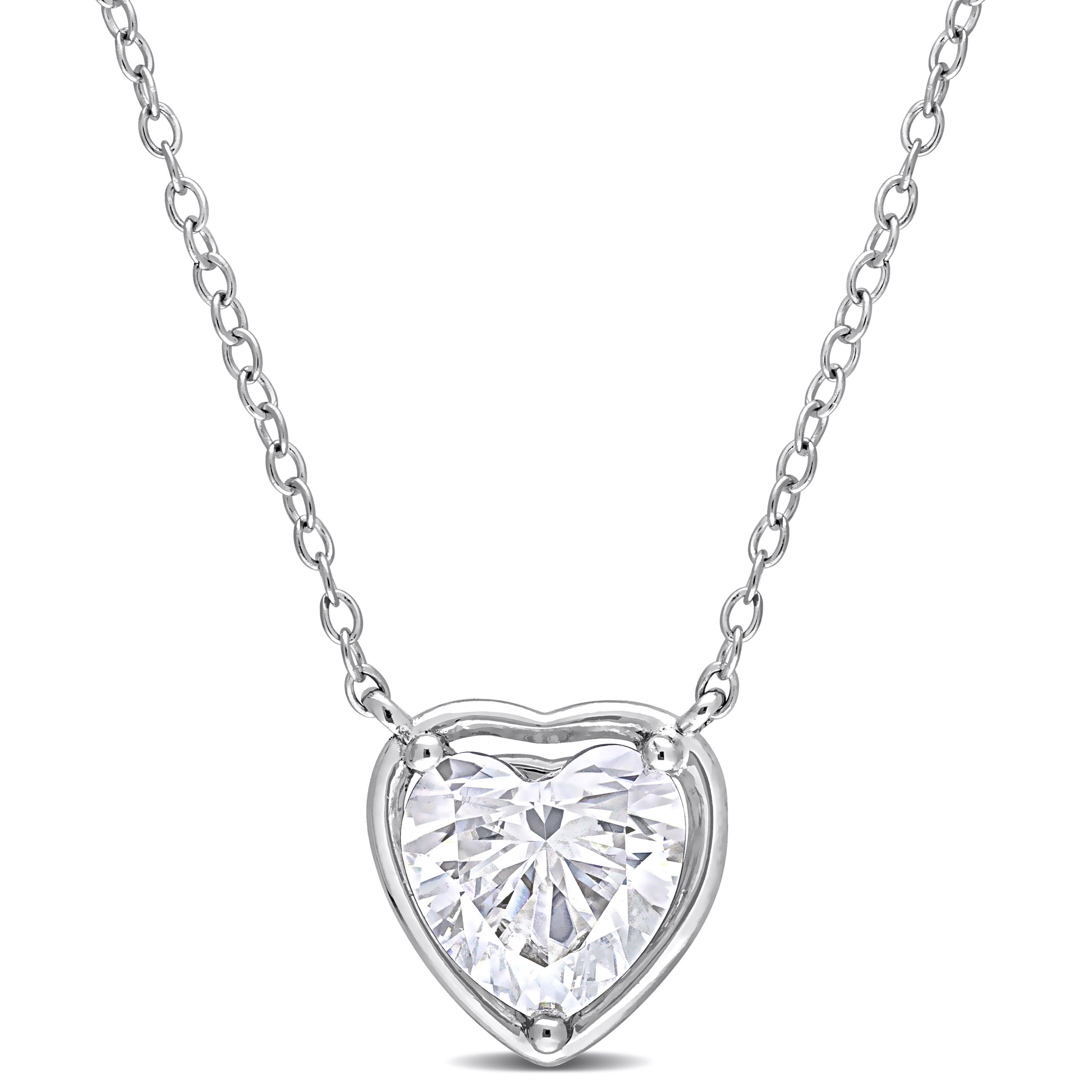 2 CT TGW Created Moissanite Halo Heart Pendant with Chain in Sterling Silver