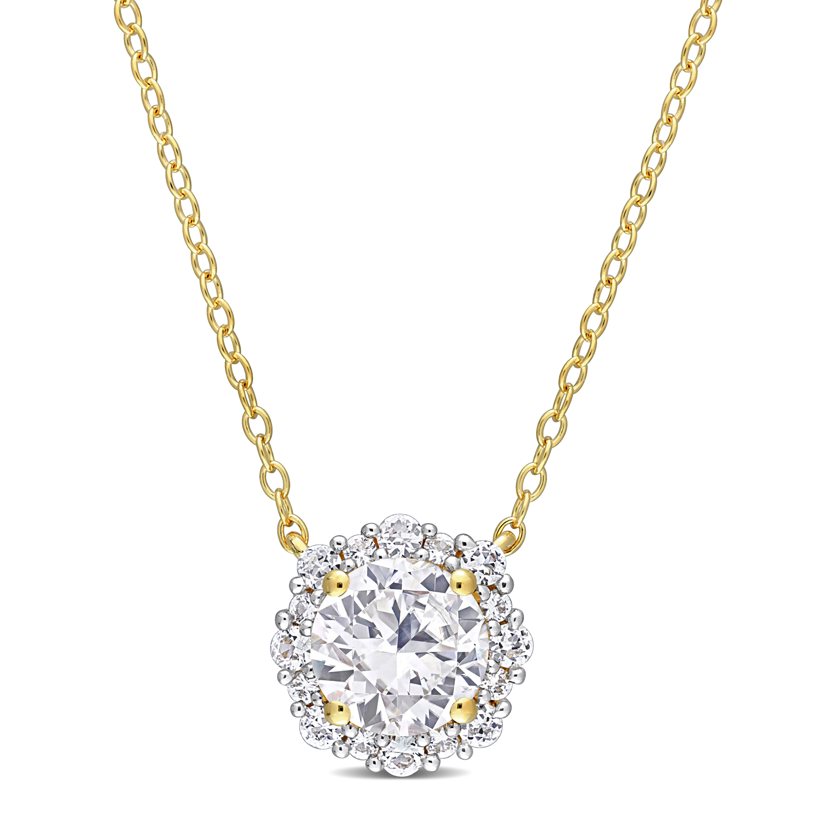 1 7/8 CT TGW Created White Sapphire Halo Necklace in Yellow Plated Sterling Silver - 17 in.
