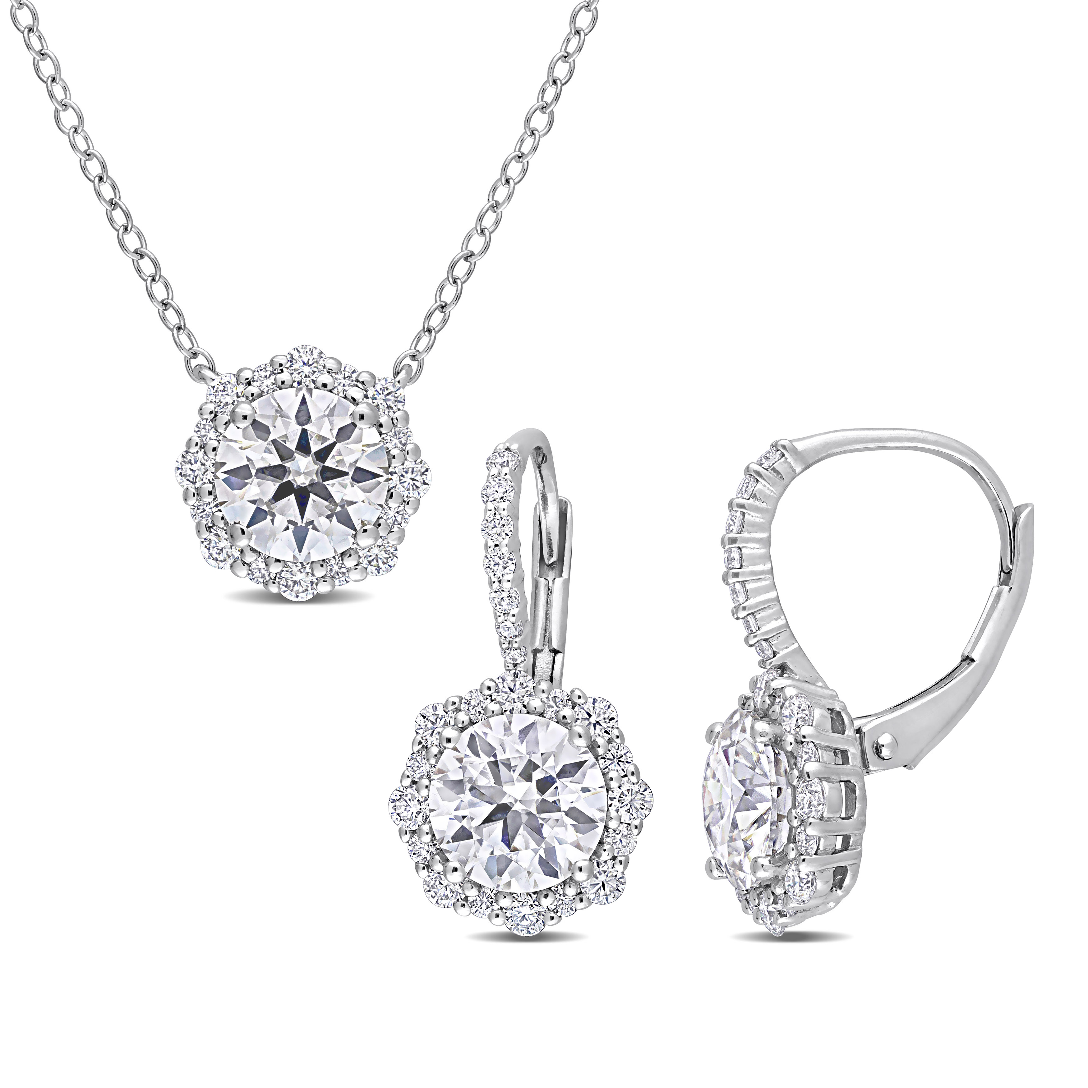 4 5/8 CT TGW Moissanite Floral Halo Pendant with Chain and Leverback Earrings 2-Piece Set in Sterling Silver