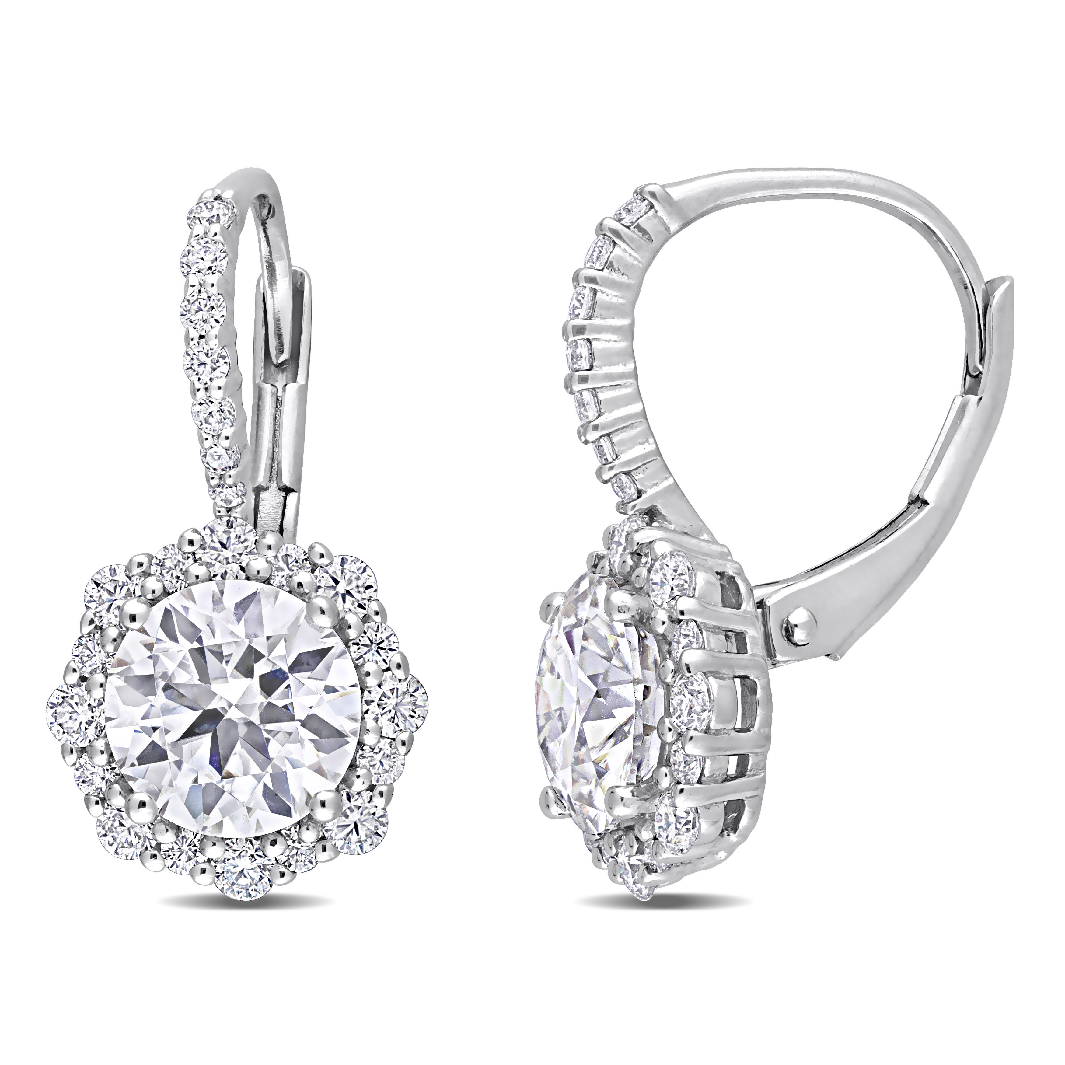 3 1/6 CT DEW Created Moissanite Floral Halo Leverback Earrings in Sterling Silver