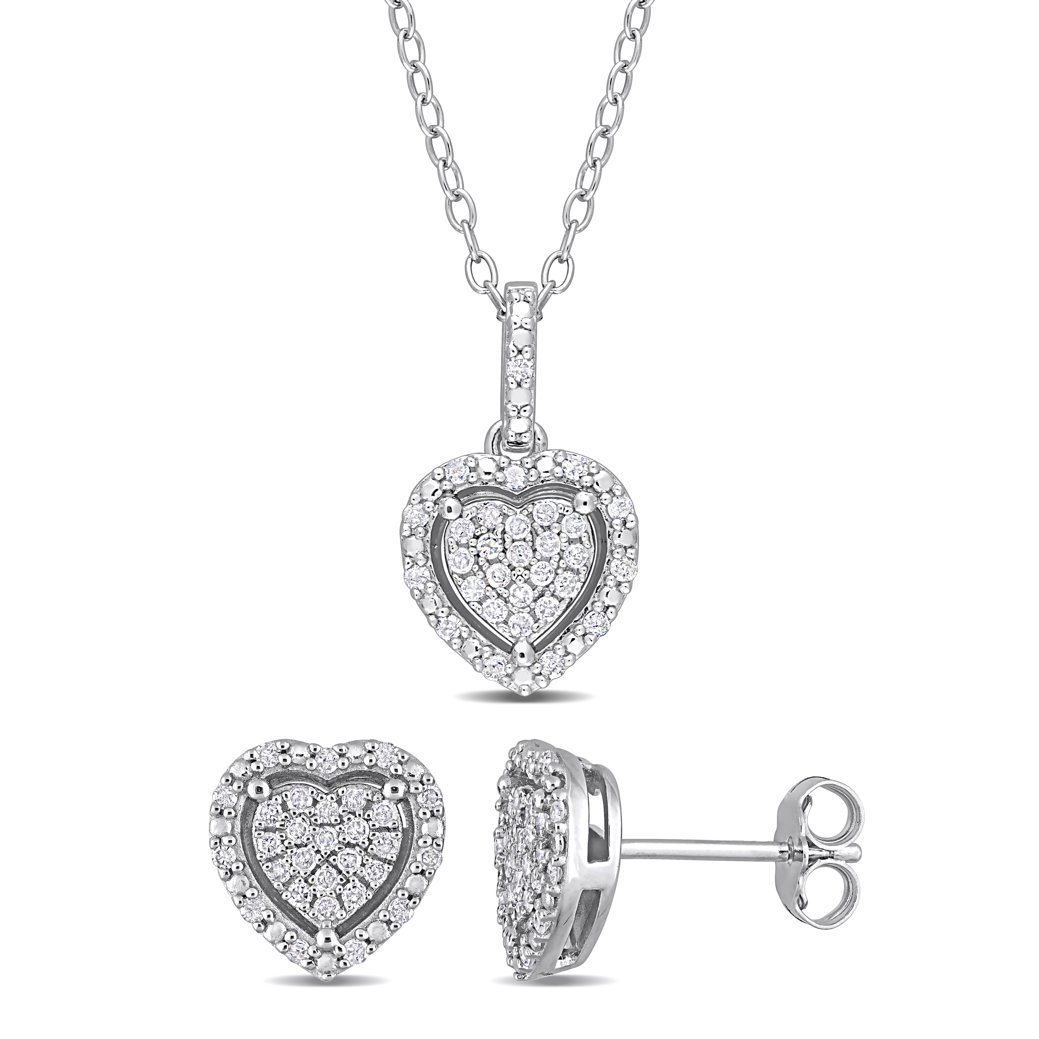 2/5 CT TW Diamond Heart Cluster Earrings and Pendant with Chain Set in Sterling Silver - 18 in