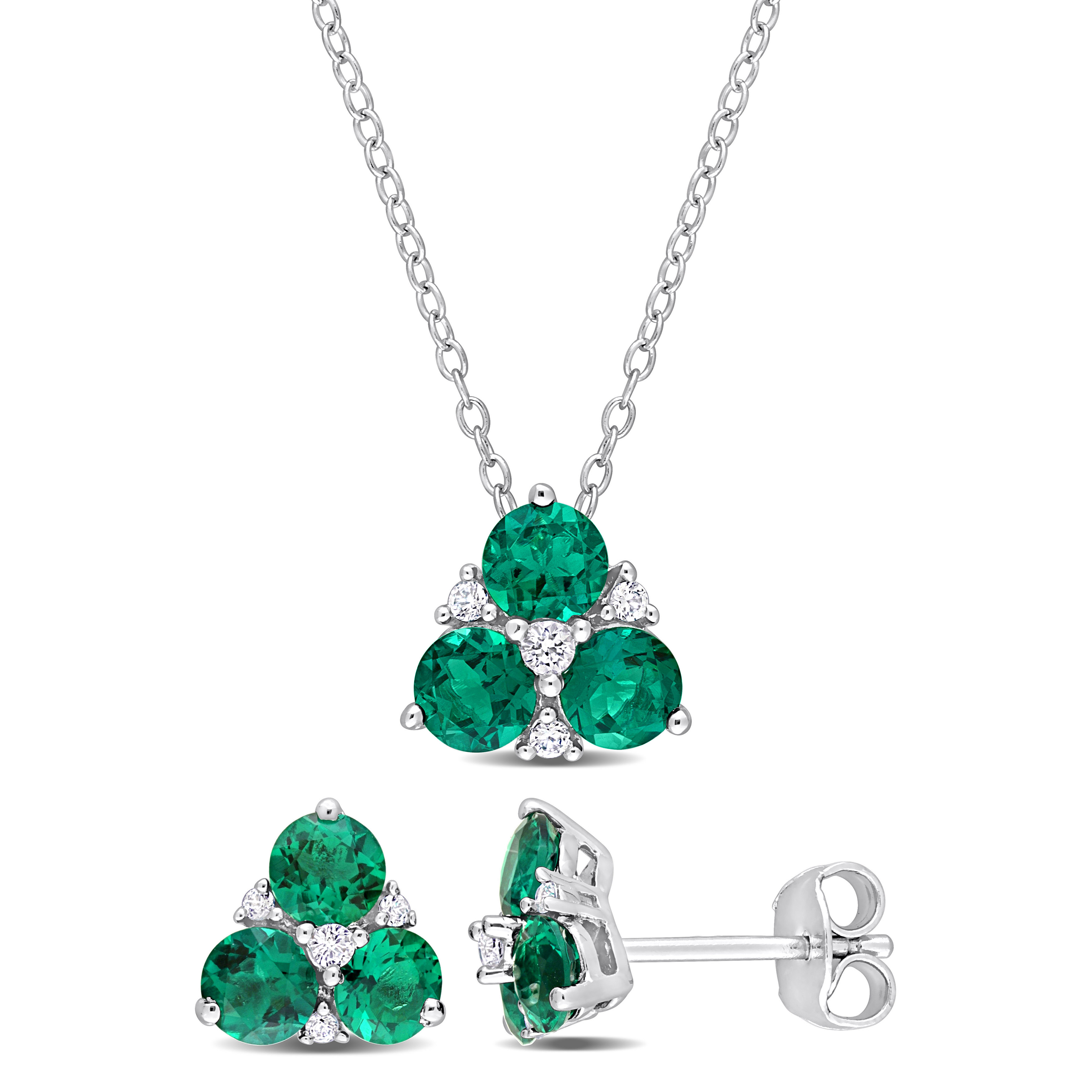 2 4/5 CT TGW Created Emerald and Created White Sapphire 3-Stone Earrings and Pendant Set in Sterling Silver