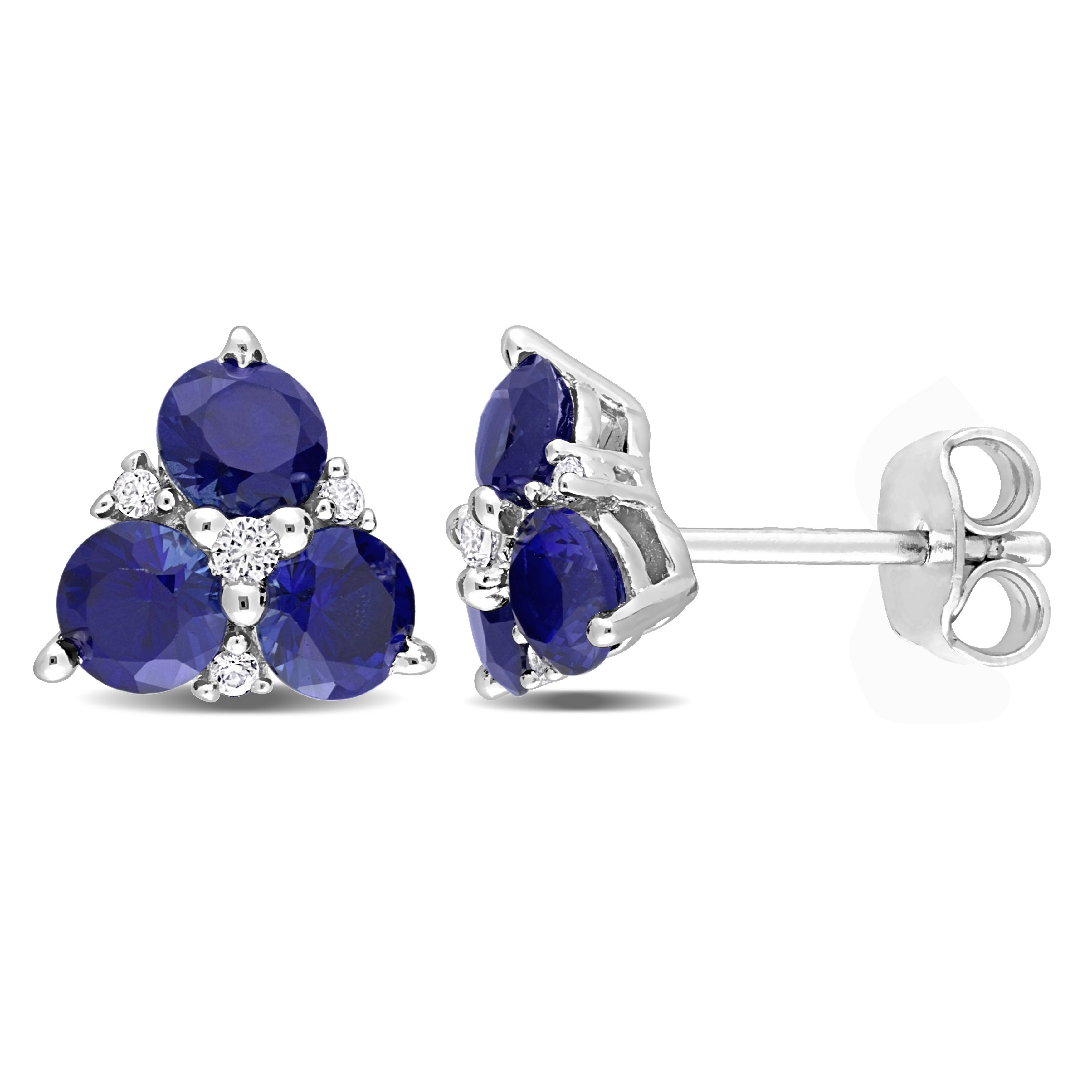 1 7/8 CT TGW Created Blue Sapphire and Created White Sapphire 3-Stone Earrings in Sterling Silver