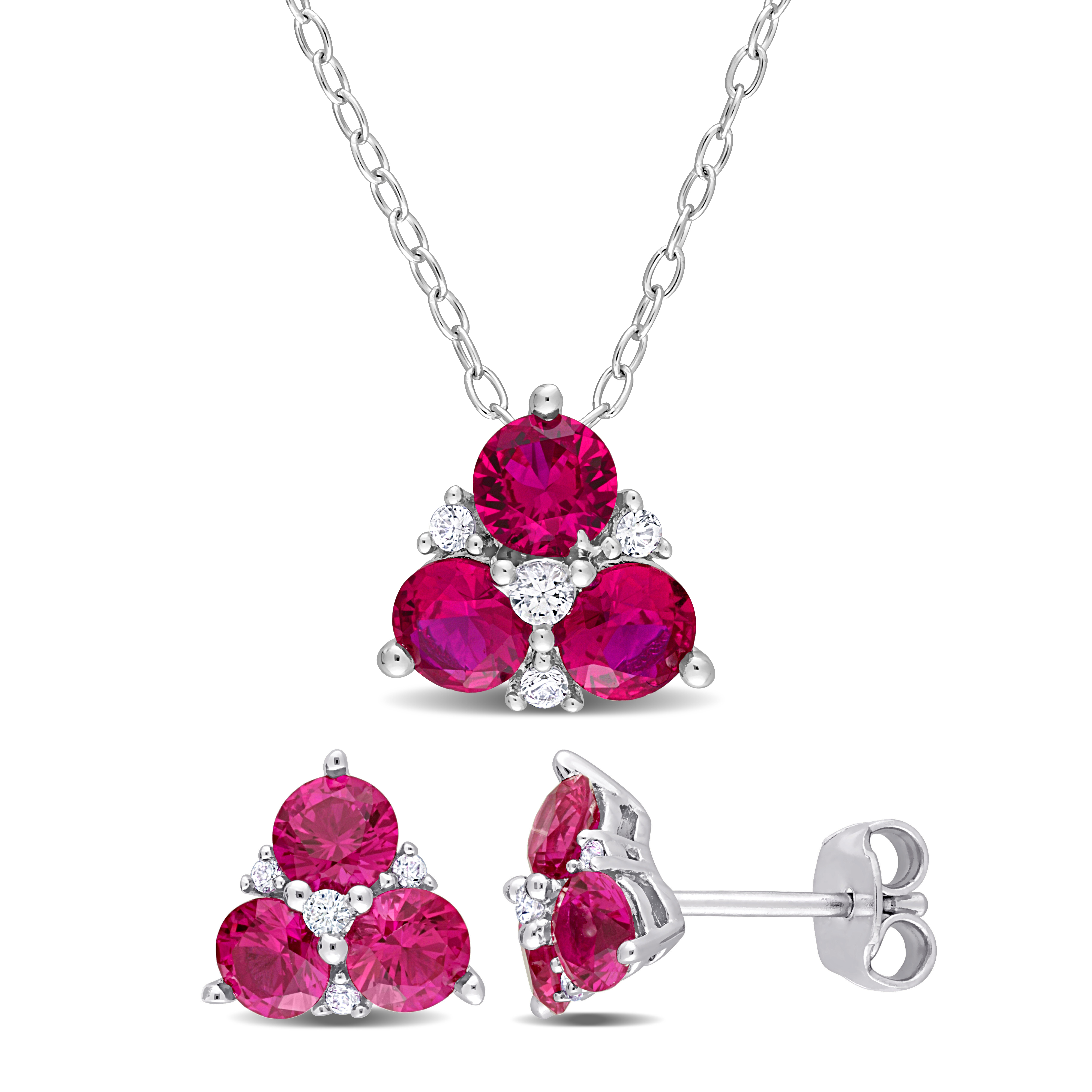 3 1/3 CT TGW Created Ruby and Created White Sapphire 3-Stone Earrings and Pendant Set in Sterling Silver