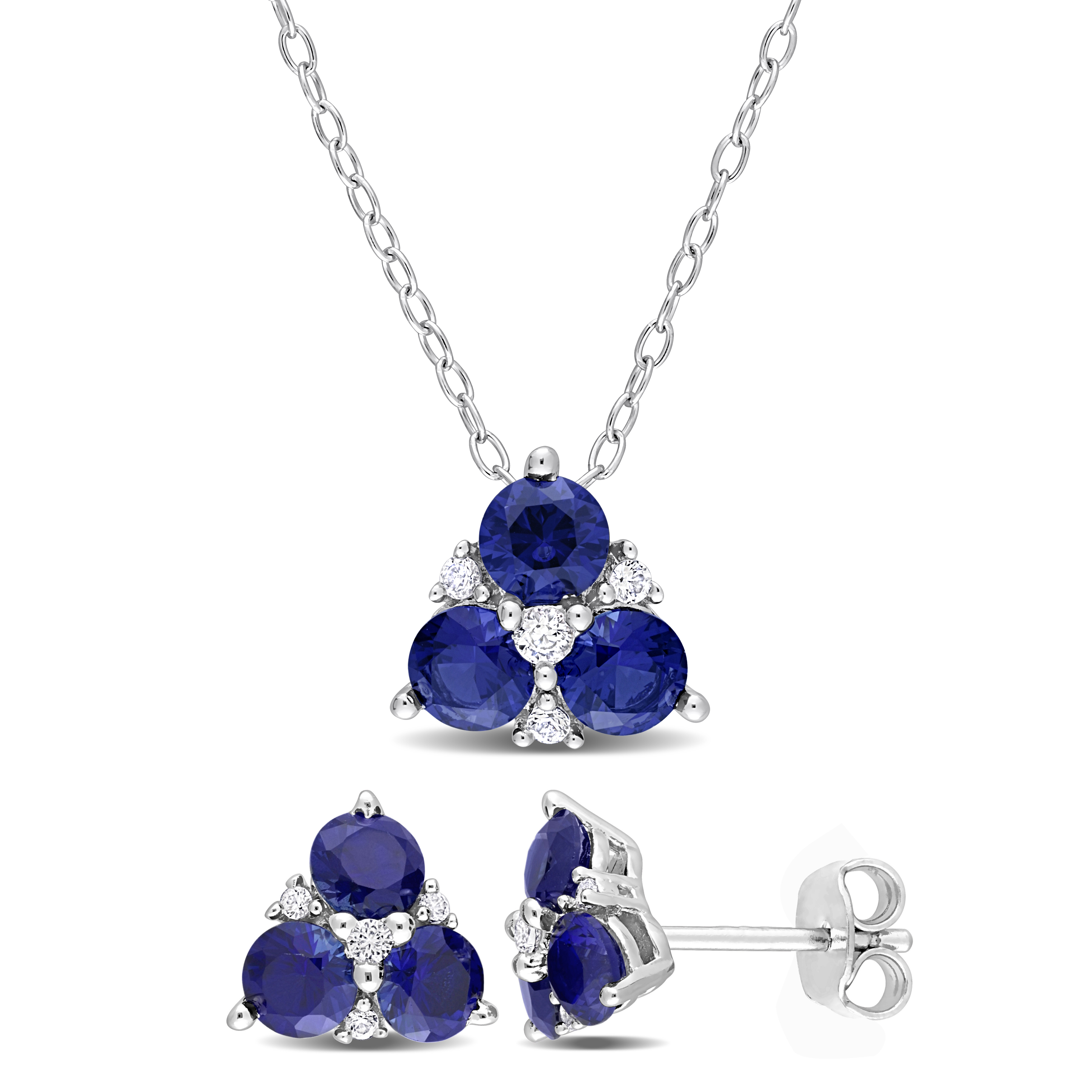3 1/3 CT TGW Created Sapphire and Created White Sapphire 3-Stone Earrings and Pendant Set in Sterling Silver