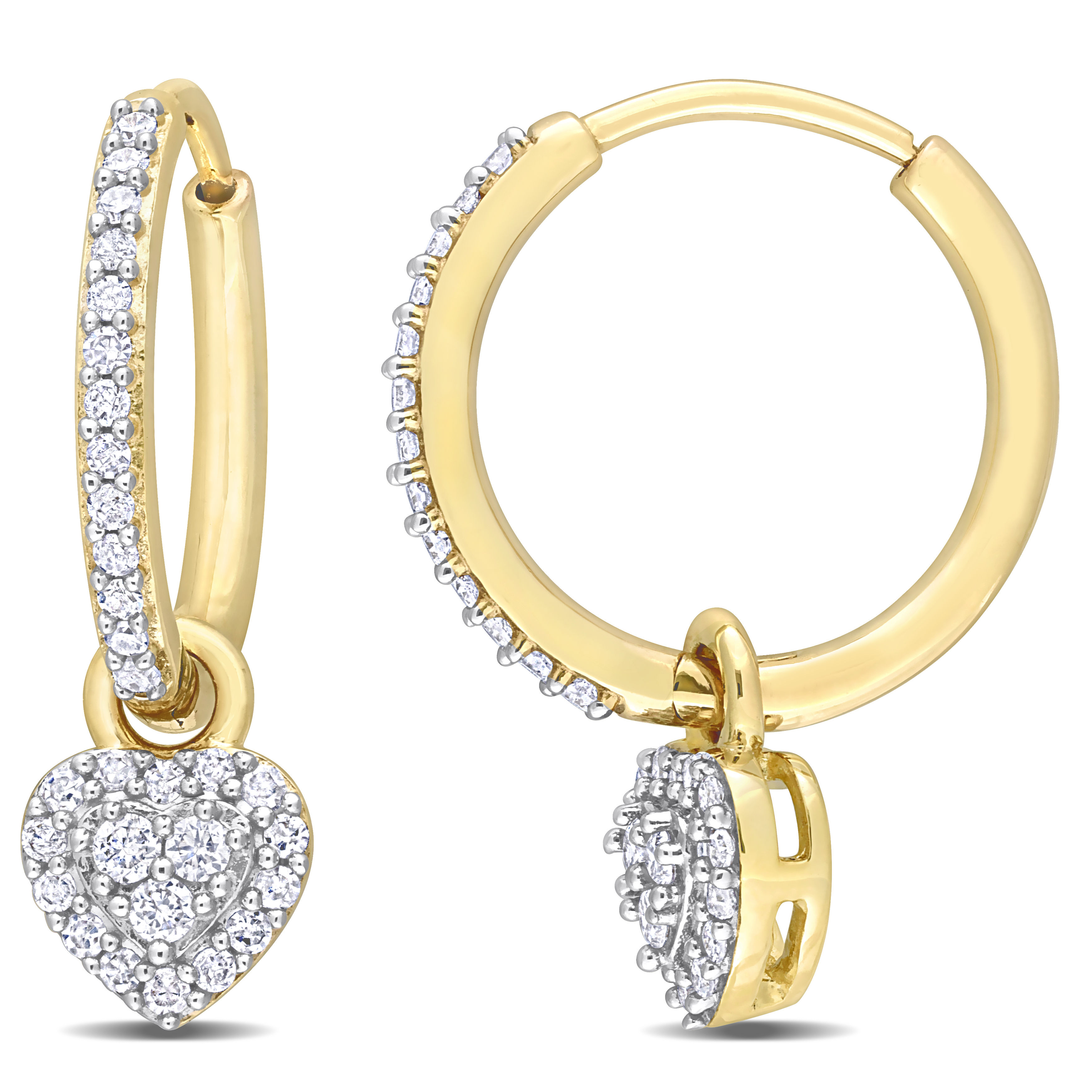 3/8 CT TDW Diamond Halo Heart Huggie Earrings in 10k Yellow Gold