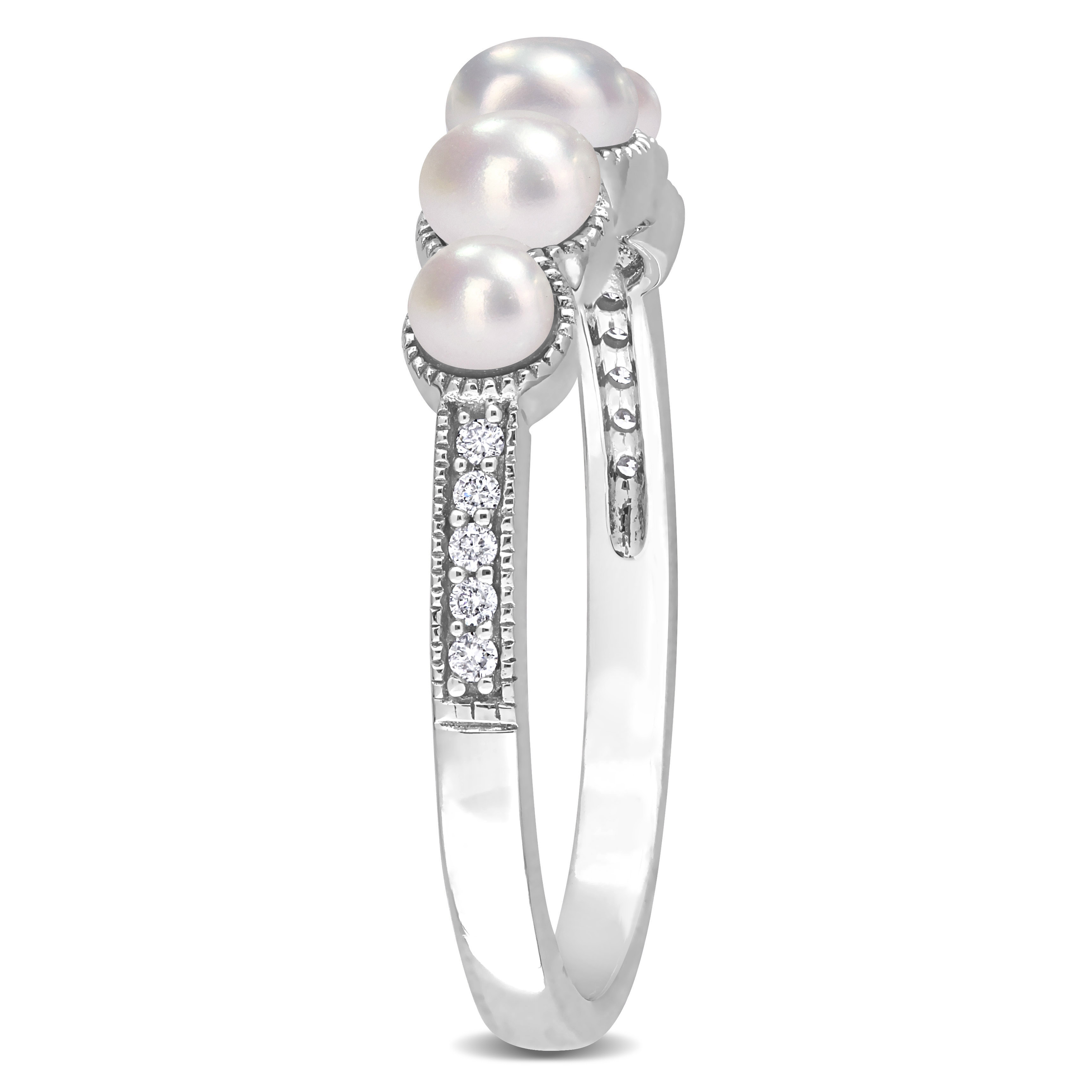 Cultured Freshwater Pearl and Diamond Accent Halo Five Stone Ring in 14k White Gold