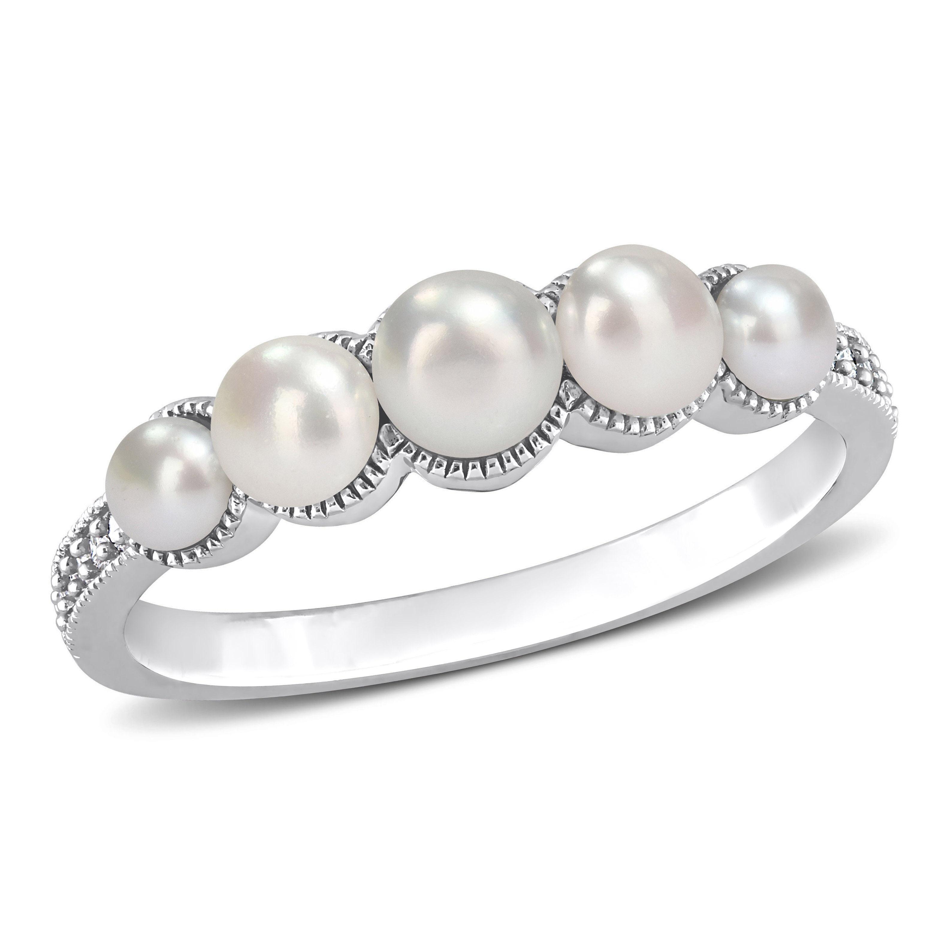 Cultured Freshwater Pearl and Diamond Accent Halo Five Stone Ring in 14k White Gold