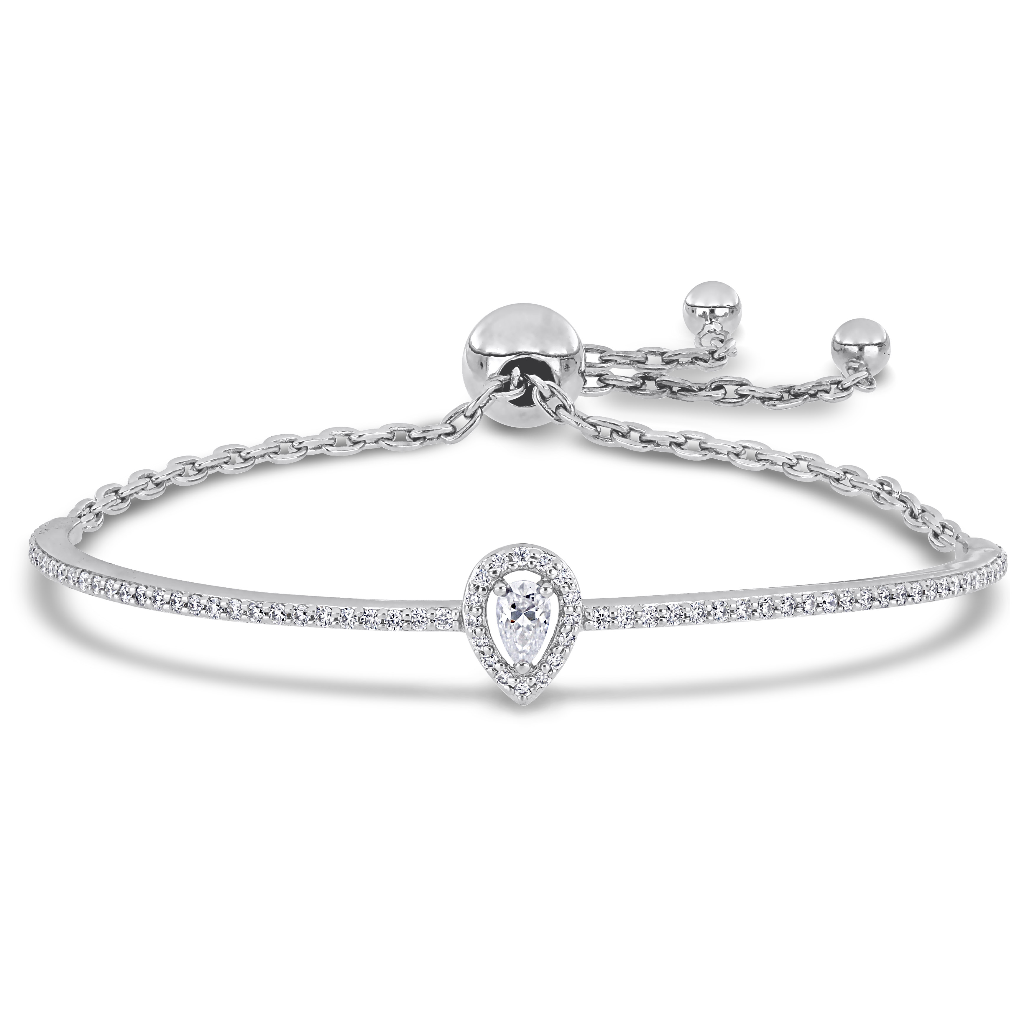 3/4 CT DEW Created Moissanite Pear Shape Halo Adjustable Bolo Bracelet in Sterling Silver - 5-10 in.
