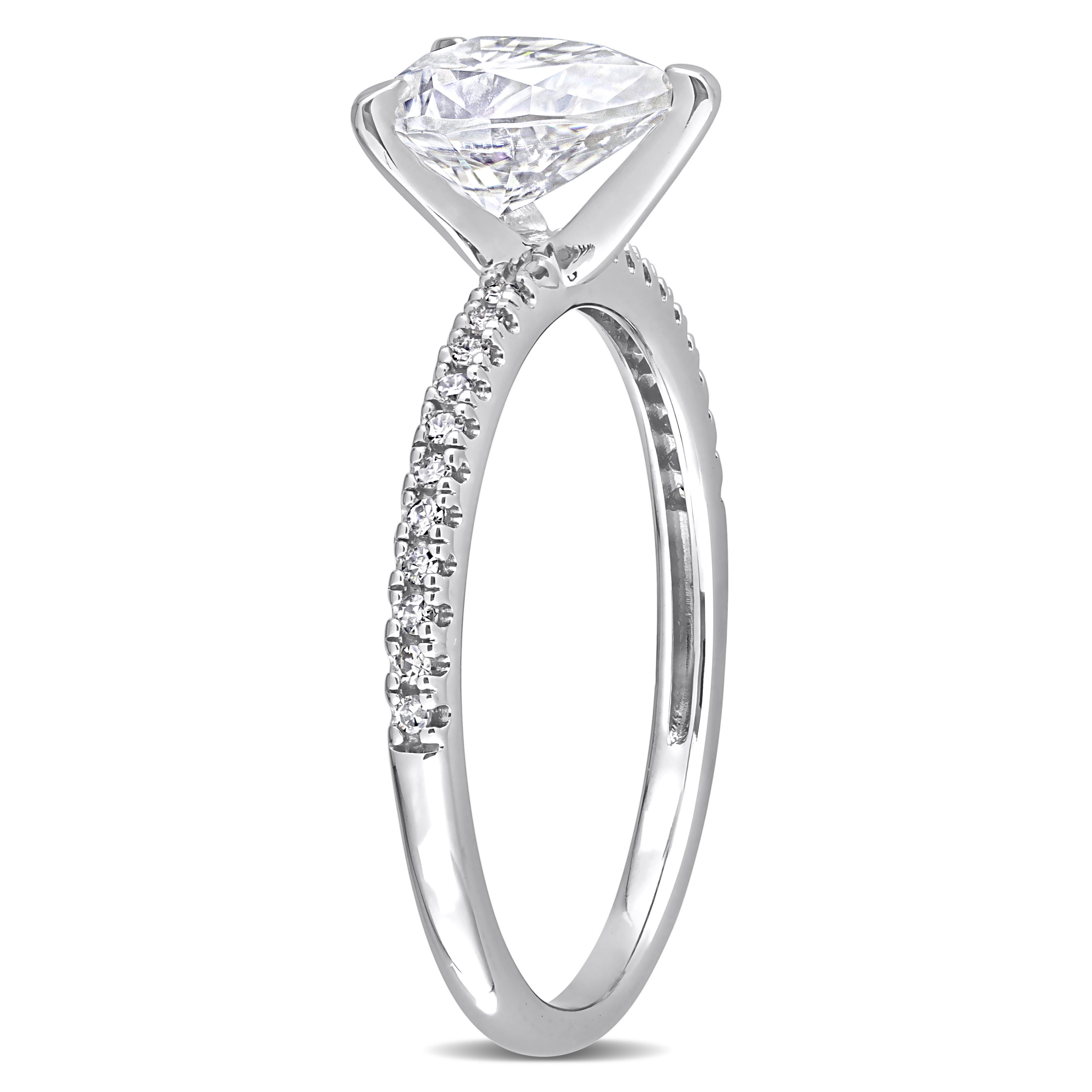 1 1/4 CT DEW Pear Shape Created Moissanite and 1/10 CT TW Diamond Engagement Ring in 14k White Gold