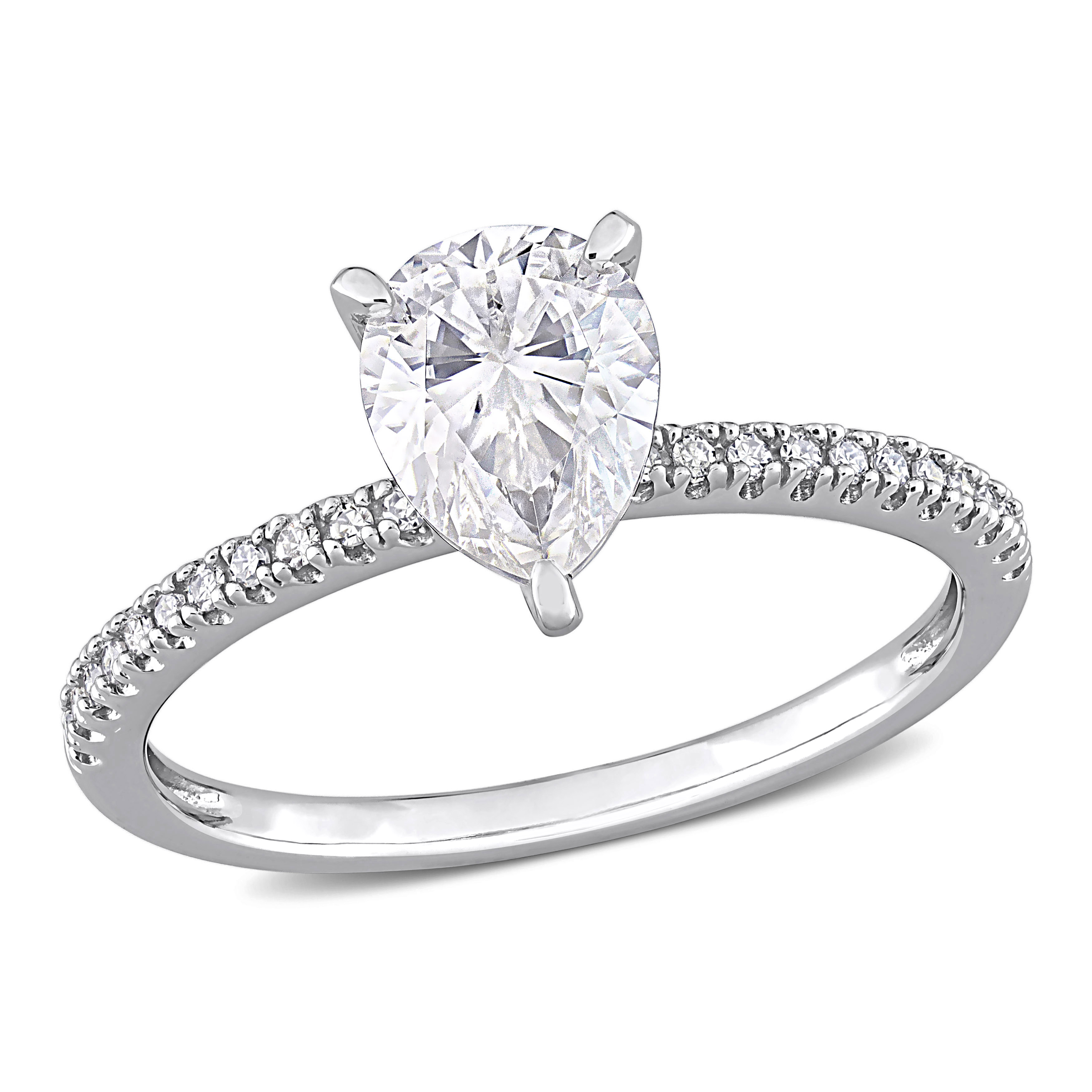 1 1/4 CT DEW Pear Shape Created Moissanite and 1/10 CT TW Diamond Engagement Ring in 14k White Gold