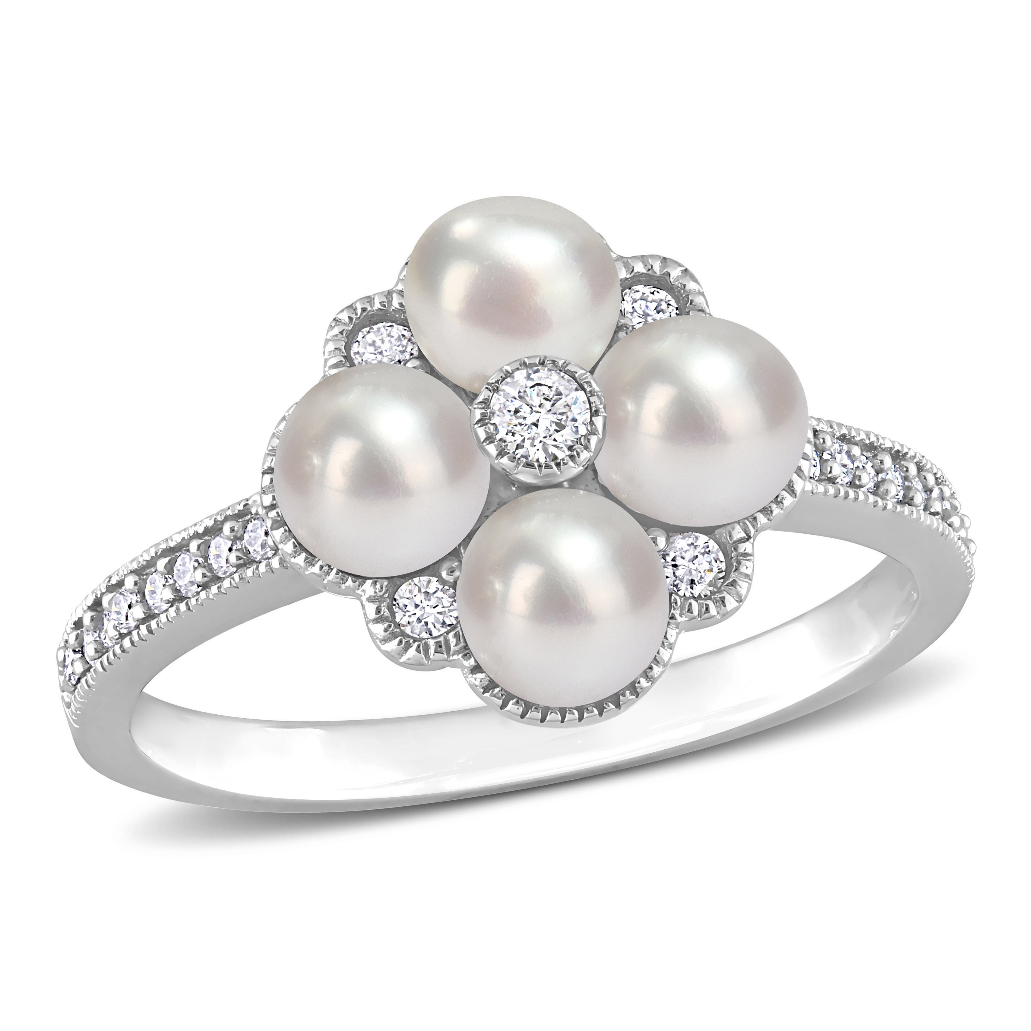 Cultured Freshwater Pearl and 1/6 CT TDW Diamond Cluster Ring in 14k White Gold