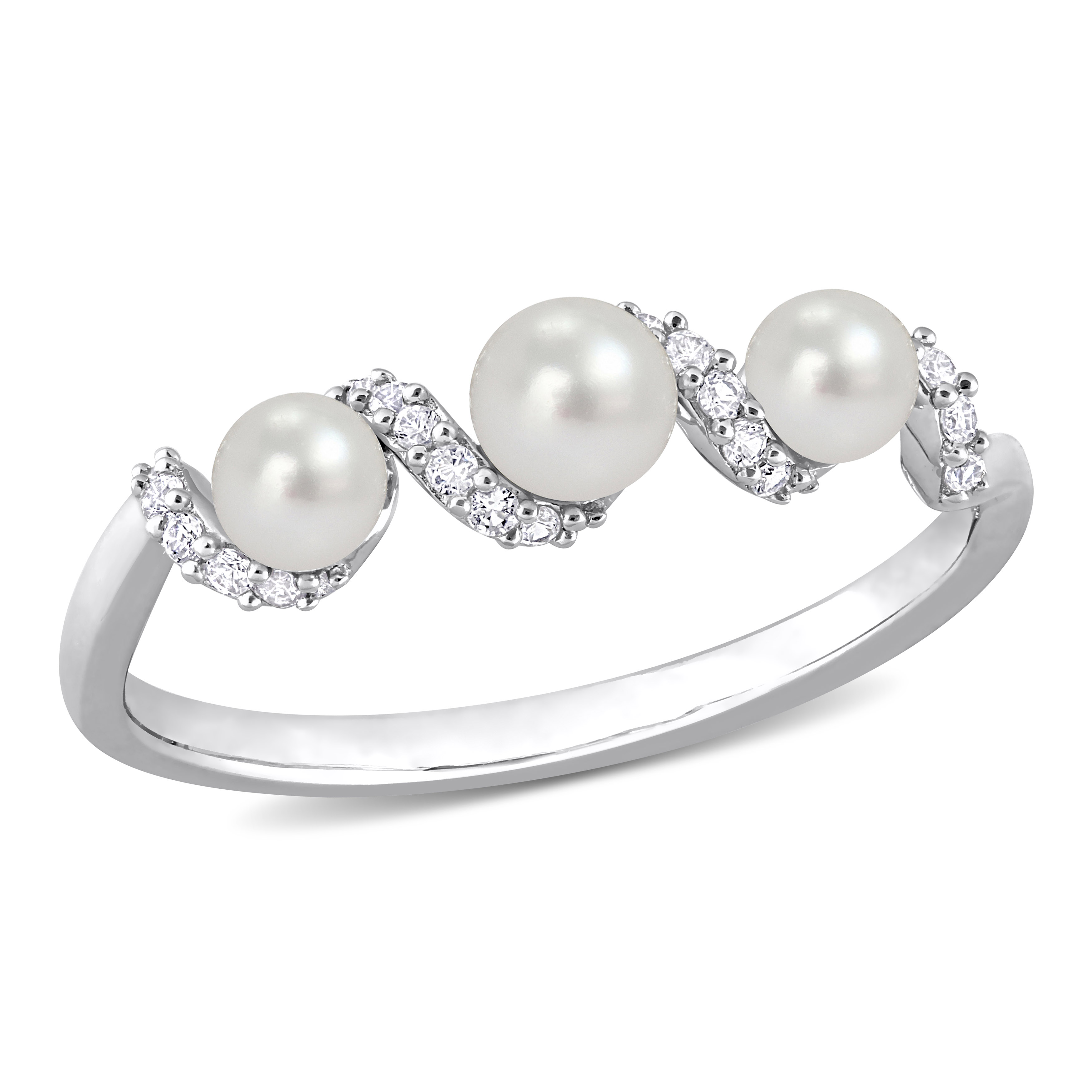 Cultured Freshwater Pearl and 1/4 CT TGW Created White SapphireSwirl Ring in Sterling Silver