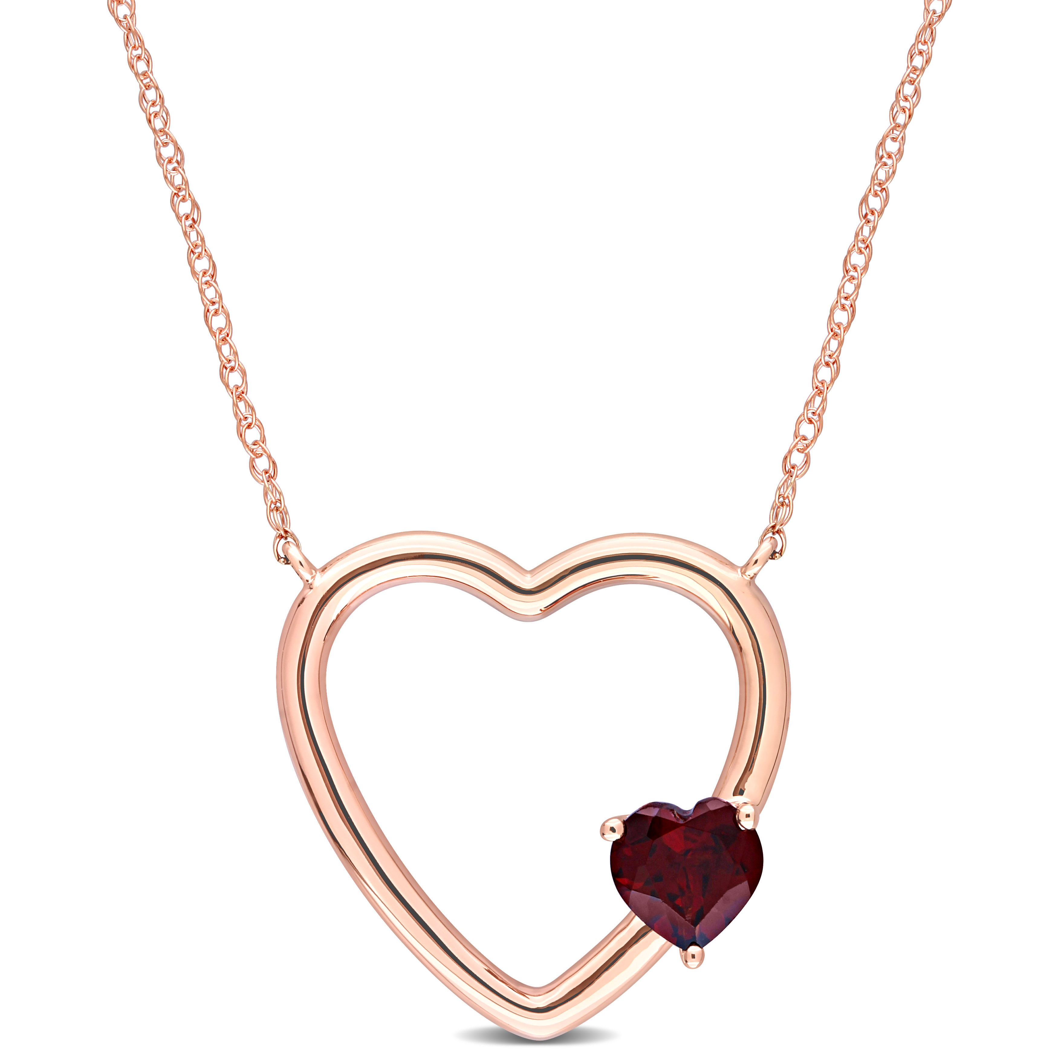 1/2 CT TGW Garnet Open Heart Pendant with Chain in 10k Rose Gold