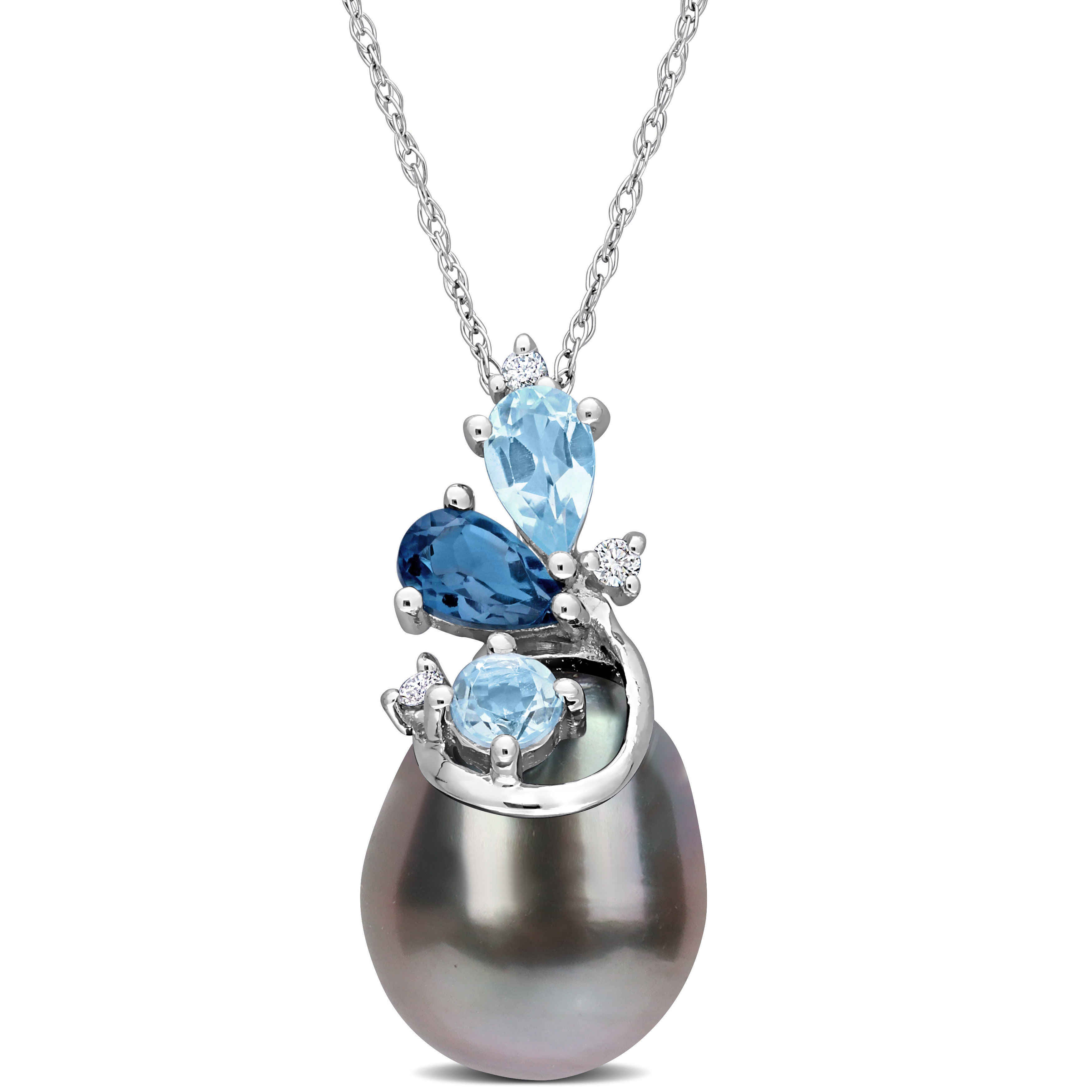 9-10 MM Black Tahitian Cultured Pearl 5/8 CT TGW Blue Topaz London and Blue Topaz Sky with Diamond Accent Pendant with Chain in 14k White Gold