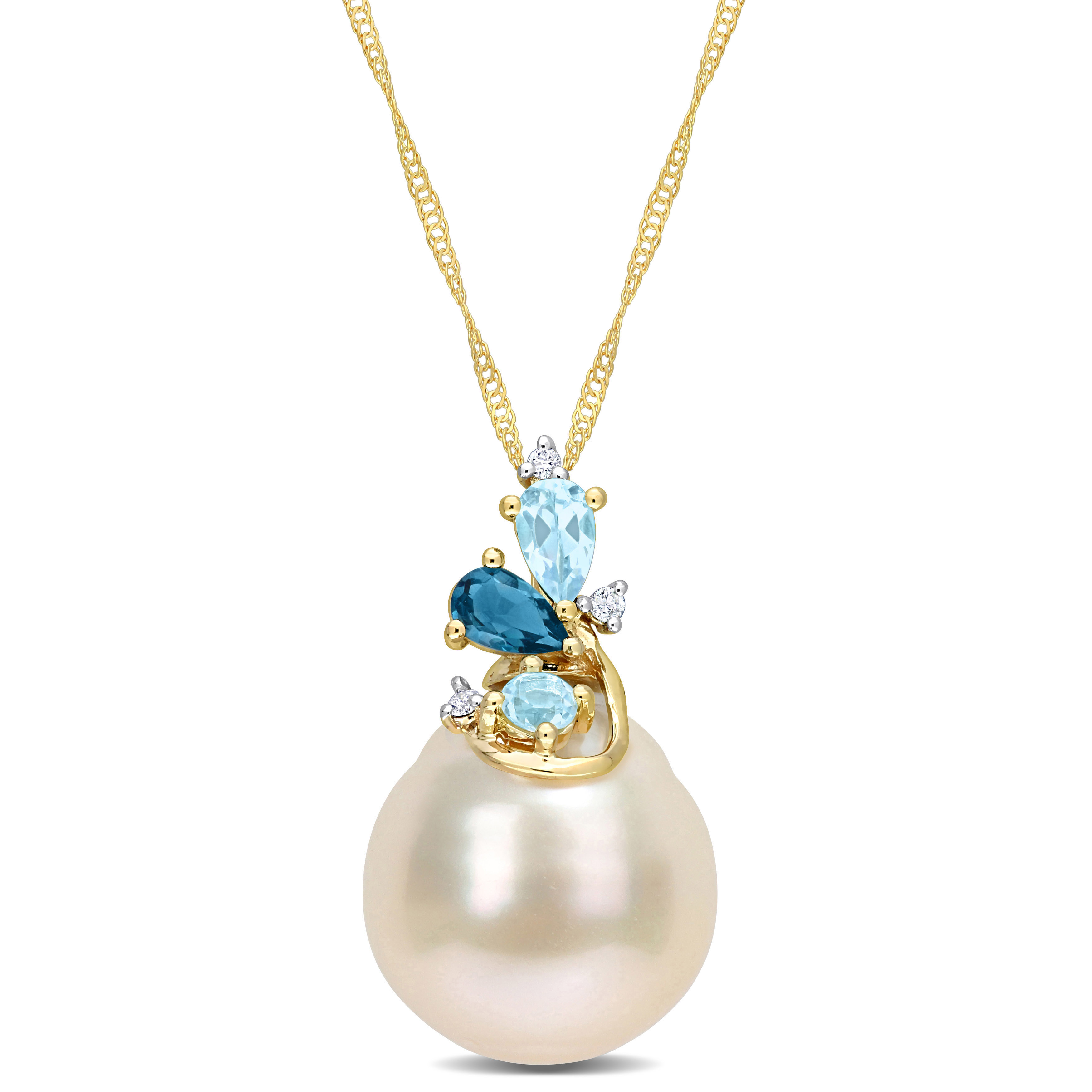 12 - 13 MM South Sea Cultured Pearl 5/8 CT TGW Sky & London Blue Topaz and Diamond Accent Cluster Pendant with Chain in 14k Yellow Gold