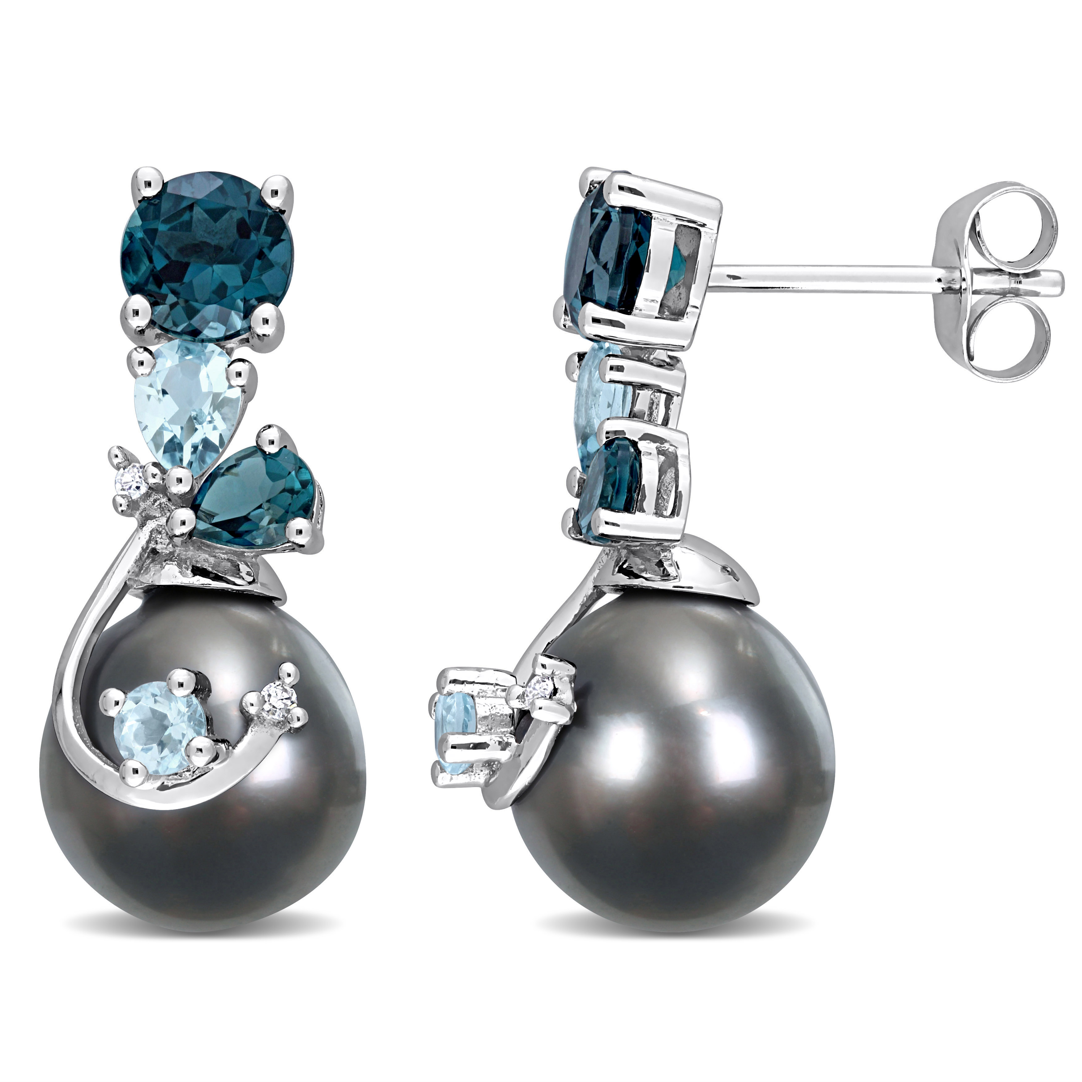9-10 MM Black Tahitian Cultured Pearl and 2 CT TGW Blue Topaz London and Blue Topaz Sky with Diamond Accent Earrings in 14k White Gold