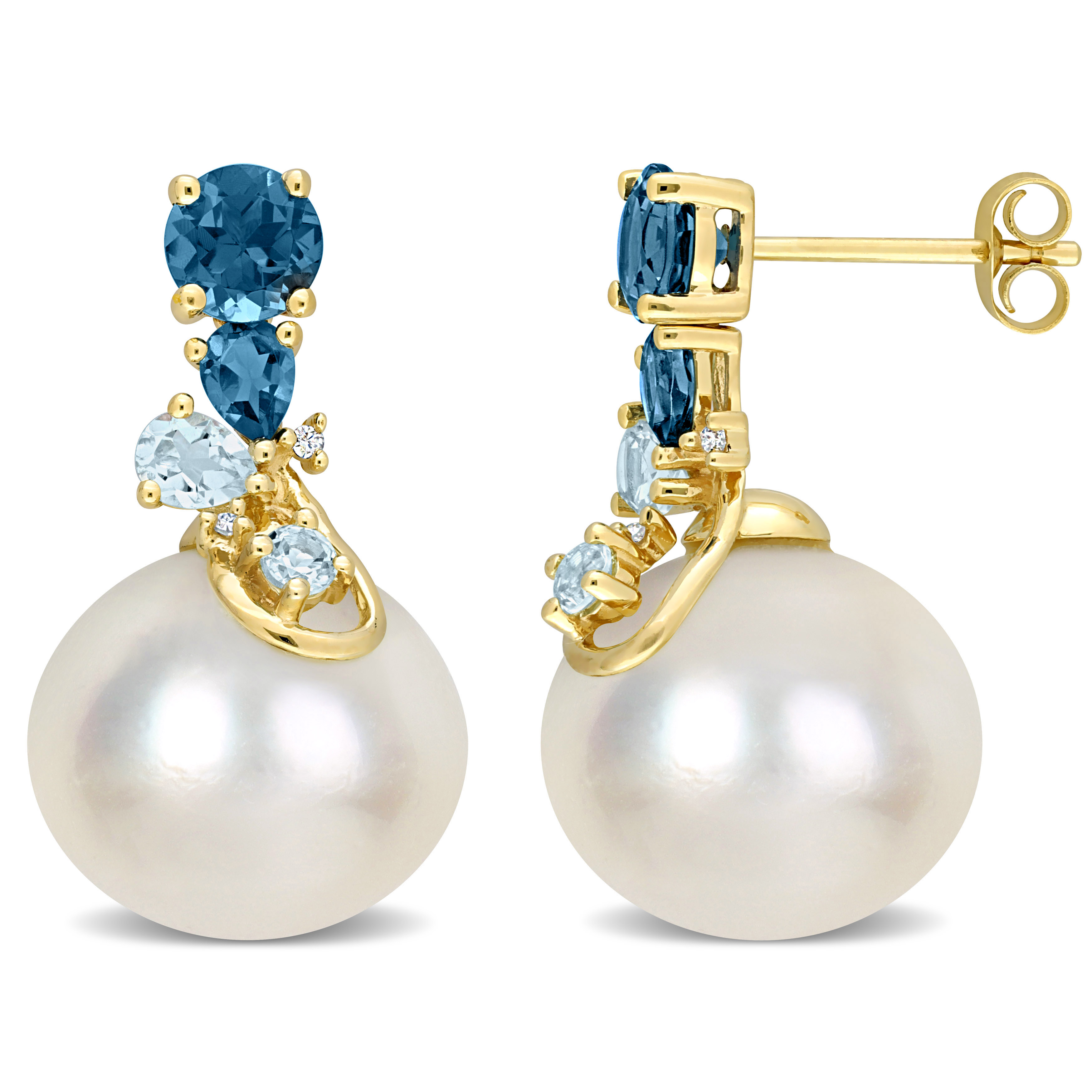 14 - 14.5 MM South Sea Cultured Pearl 2 CT TGW London & Sky Blue Topaz & Diamond Accent Drop Earrings in 14k Yellow Gold