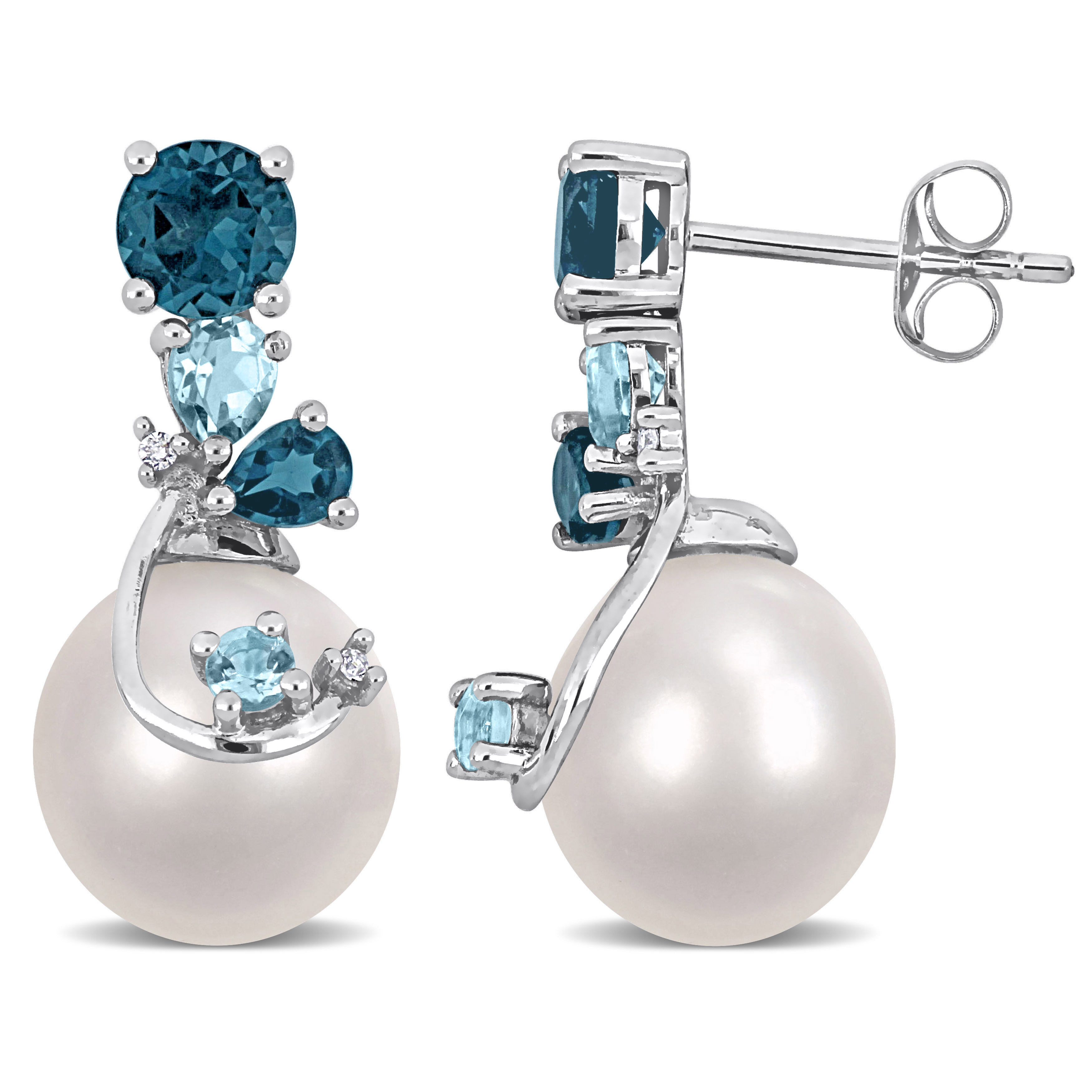 9-10 MM Freshwater Cultured Pearl 2 CT TGW London & Sky Blue Topaz and Diamond Accent Pearl Earrings in Sterling Silver