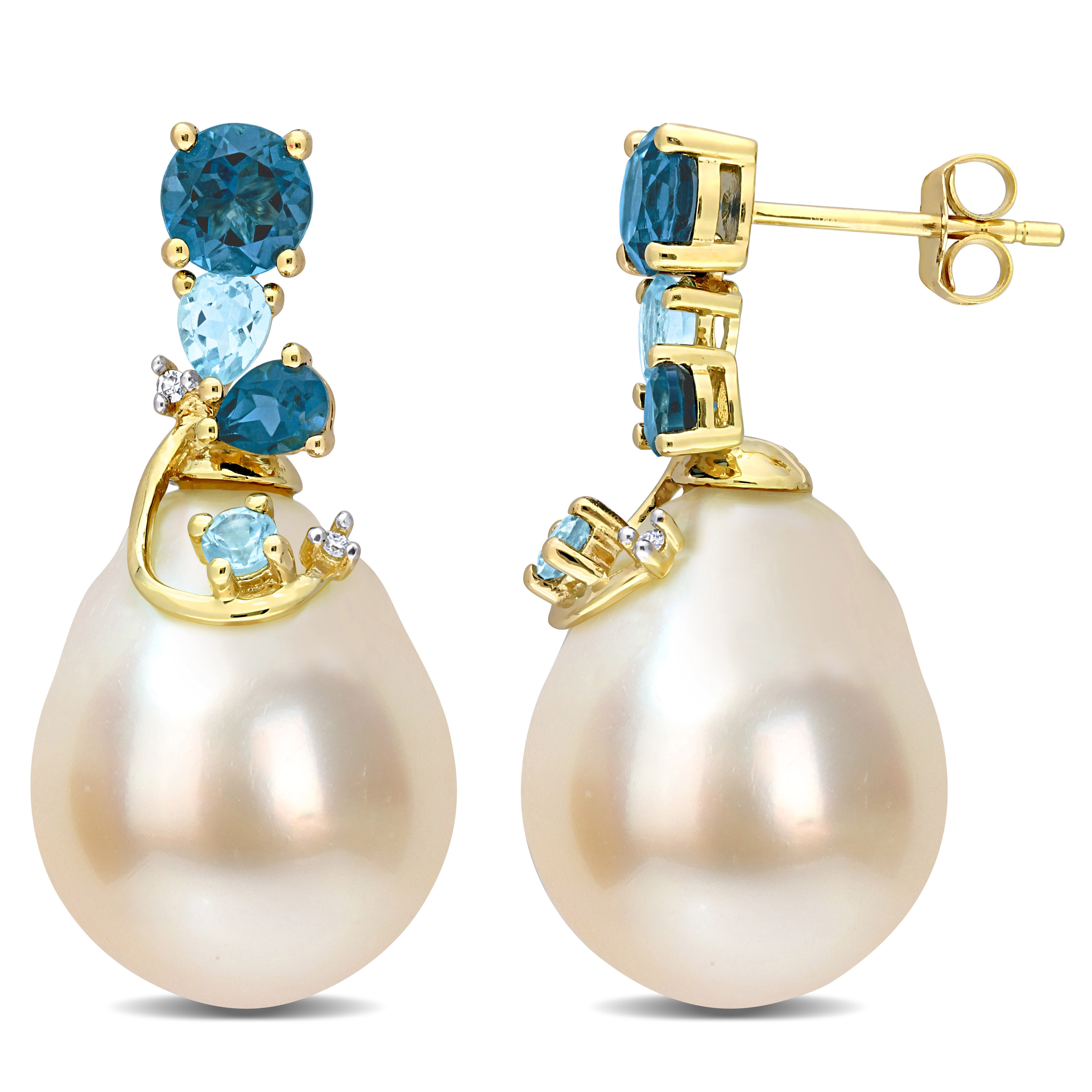 9-10 MM South Sea Cultured Pearl & 2 CT TGW Blue Topaz London and Blue Topaz Sky with Diamond Accent Drop Earrings in 14k Yellow Gold