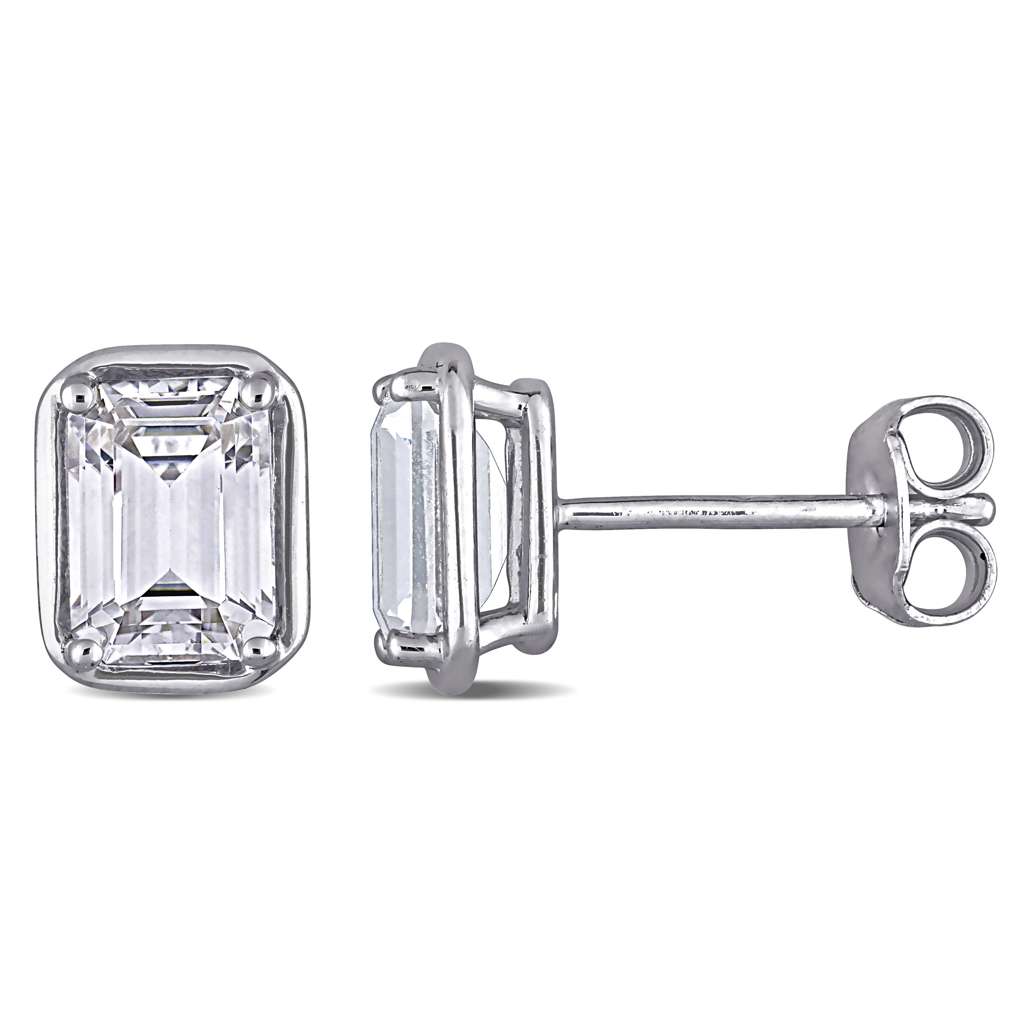 3 1/5 CT TGW Emerald Cut Created White Sapphire Bezel Style Stud Earrings in Sterling Silver