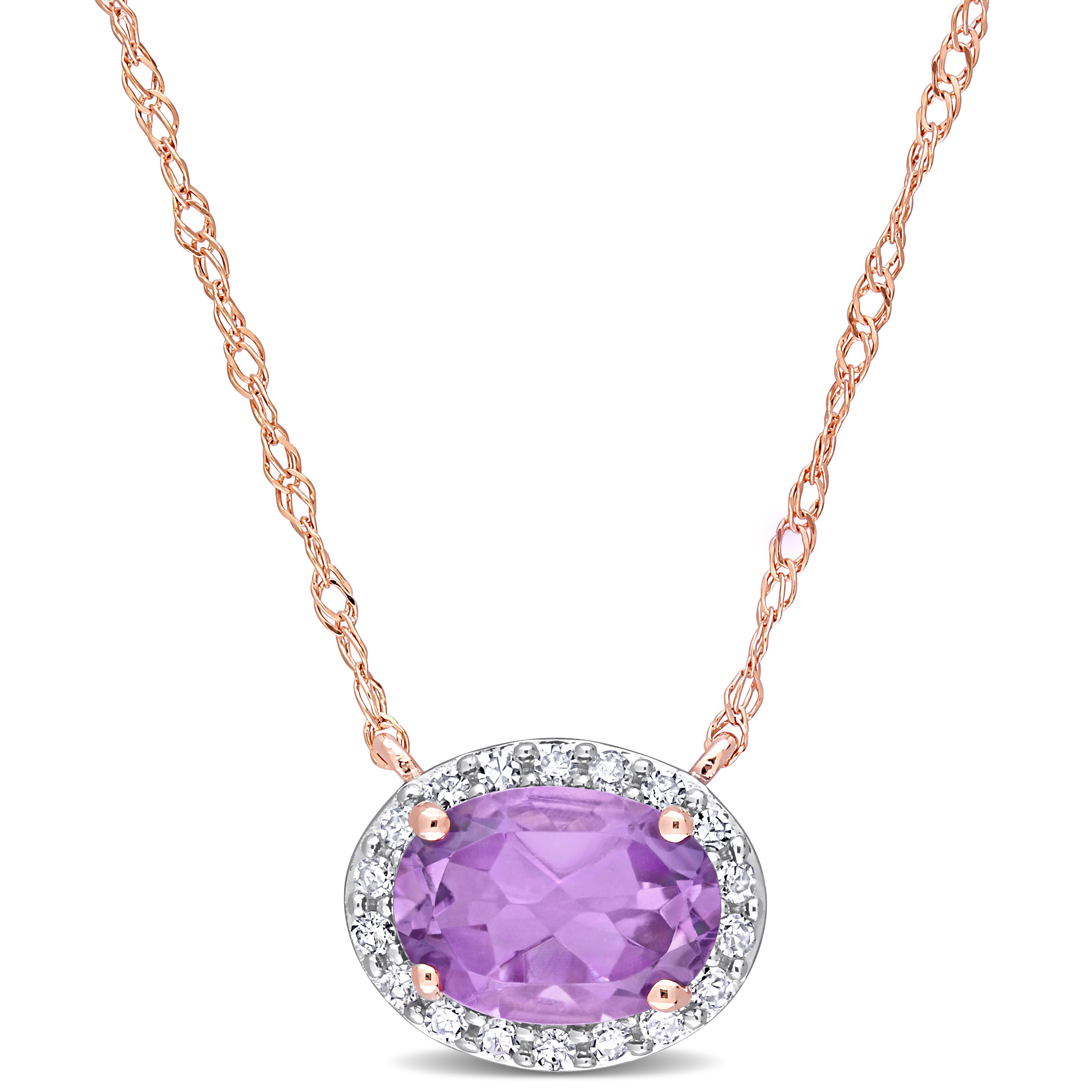 3/4 CT TGW Oval Amethyst and 1/10 CT TW Diamond Halo Necklace in 10k Rose Gold - 17 in.
