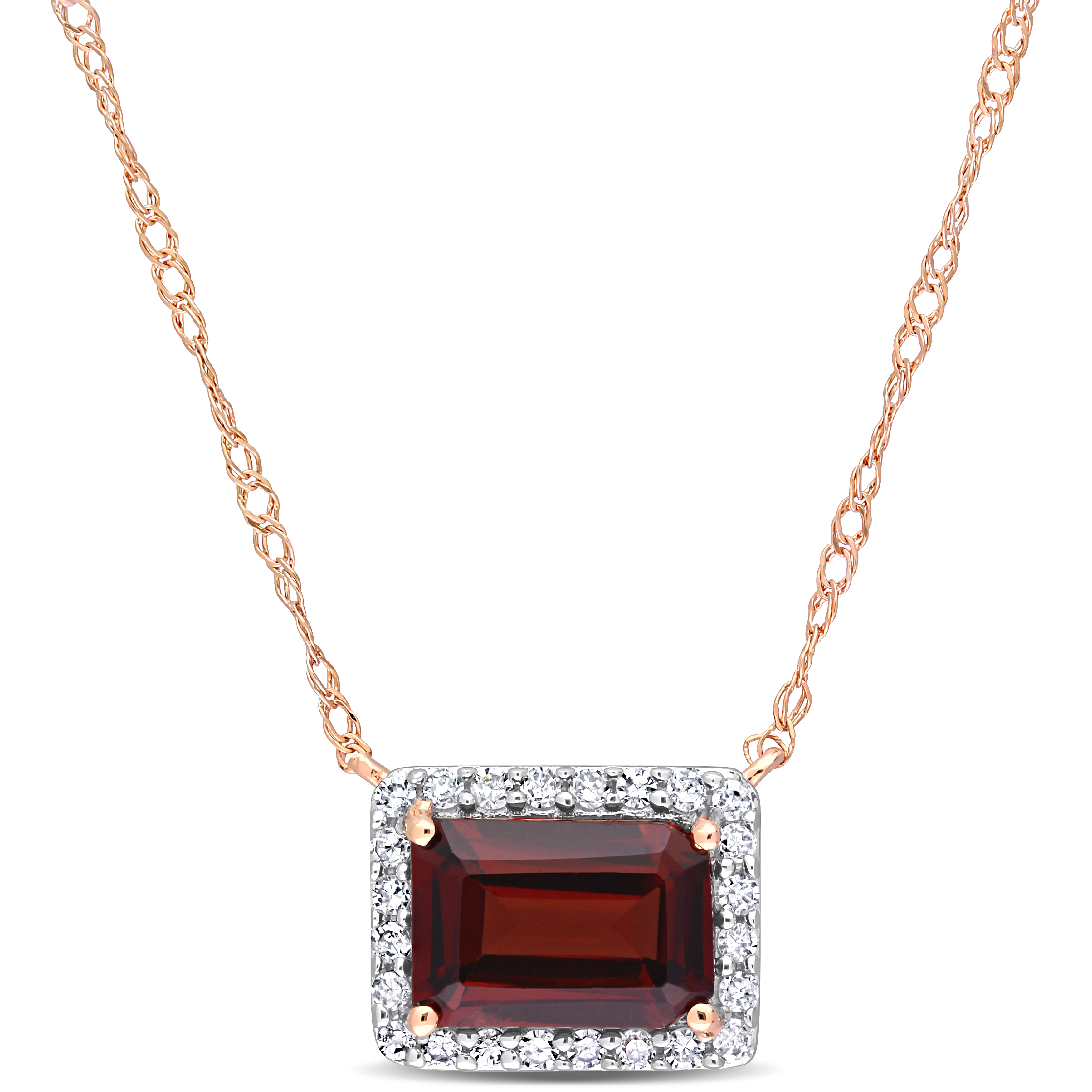 1 1/4 CT TGW Octagon Garnet and 1/8 CT TW Diamond Halo Necklace in 10k Rose Gold - 17 in.