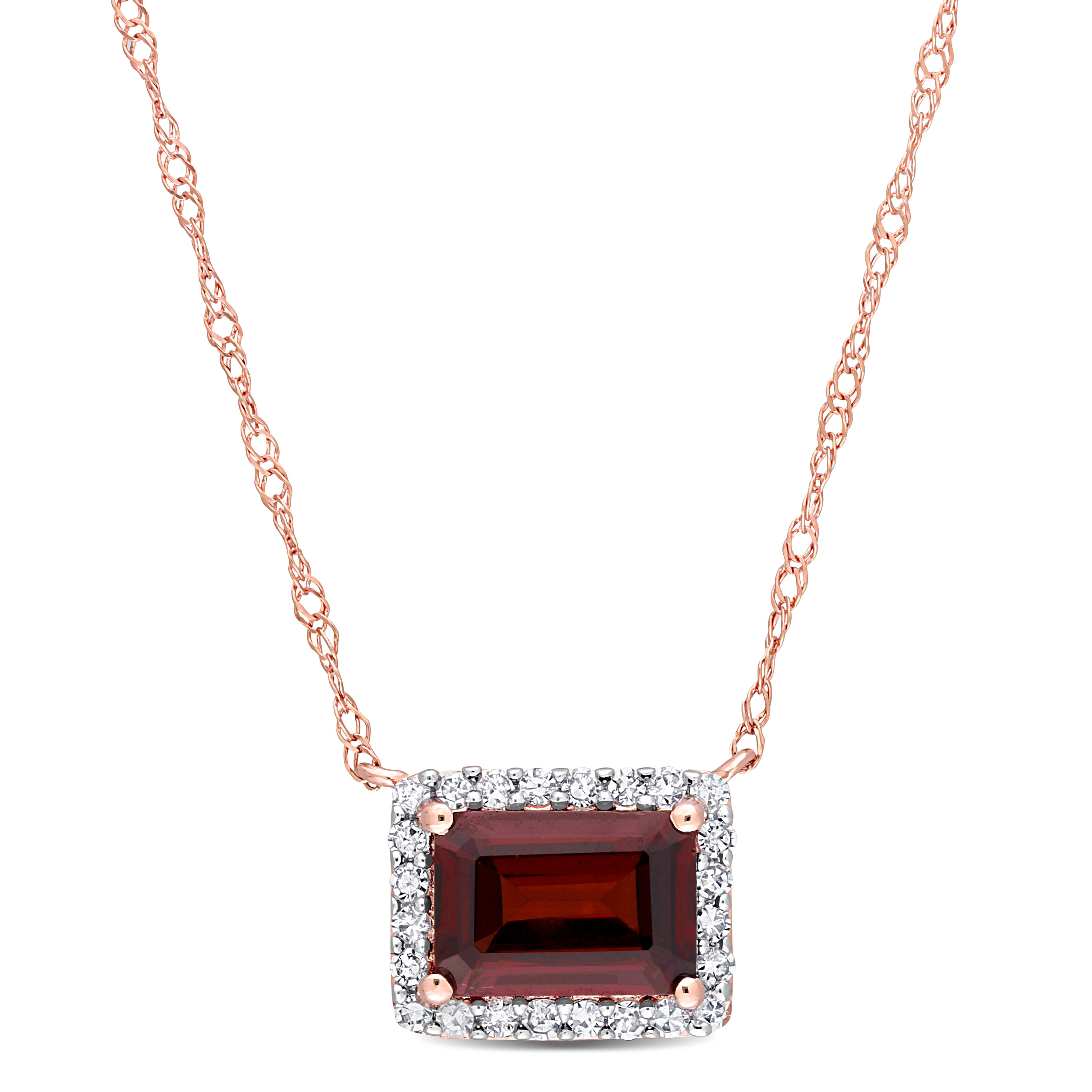 1 1/4 CT TGW Garnet and 1/8 CT TW Diamond Halo Square Necklace in 14k Rose Gold - 17 in.