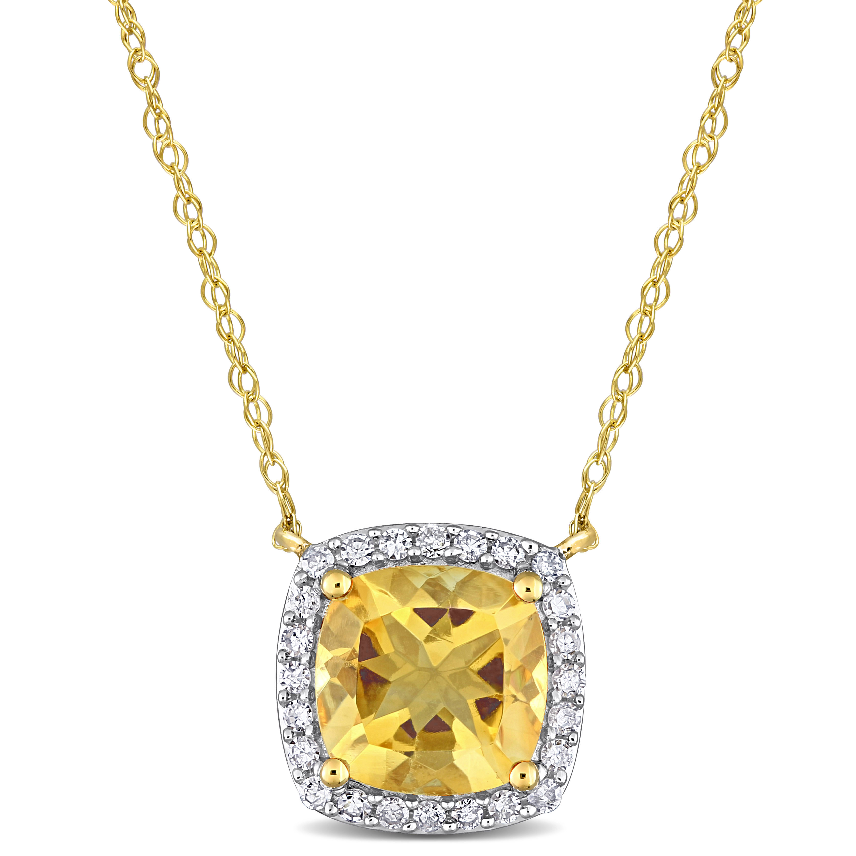 1 1/3 CT TGW Cushion Citrine and 1/8 CT TW Diamond Halo Necklace in 10k Yellow Gold - 17 in.