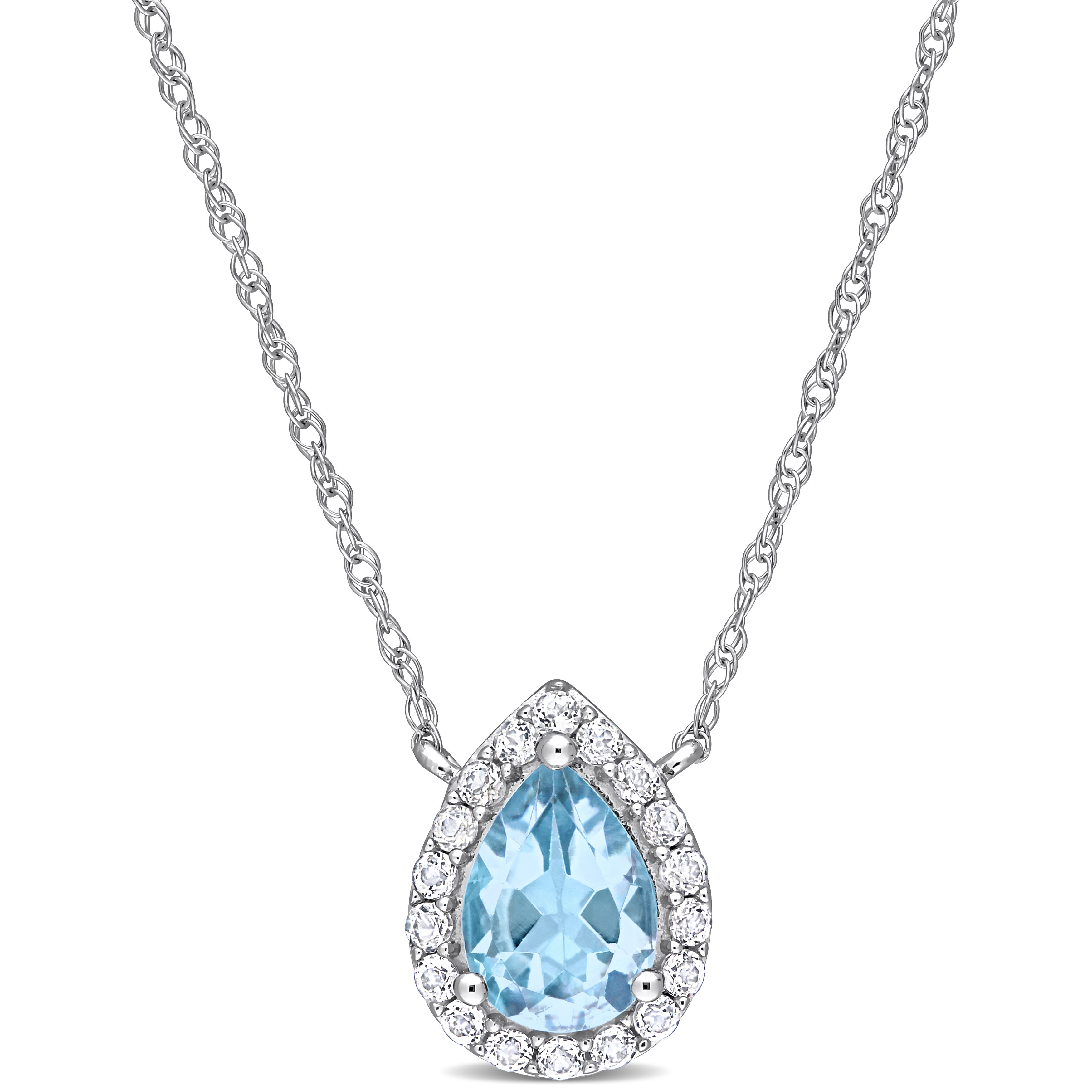 1 1/10 CT TGW Pear Sky Blue Topaz and White Topaz Halo Necklace in 10k White Gold - 17 in.