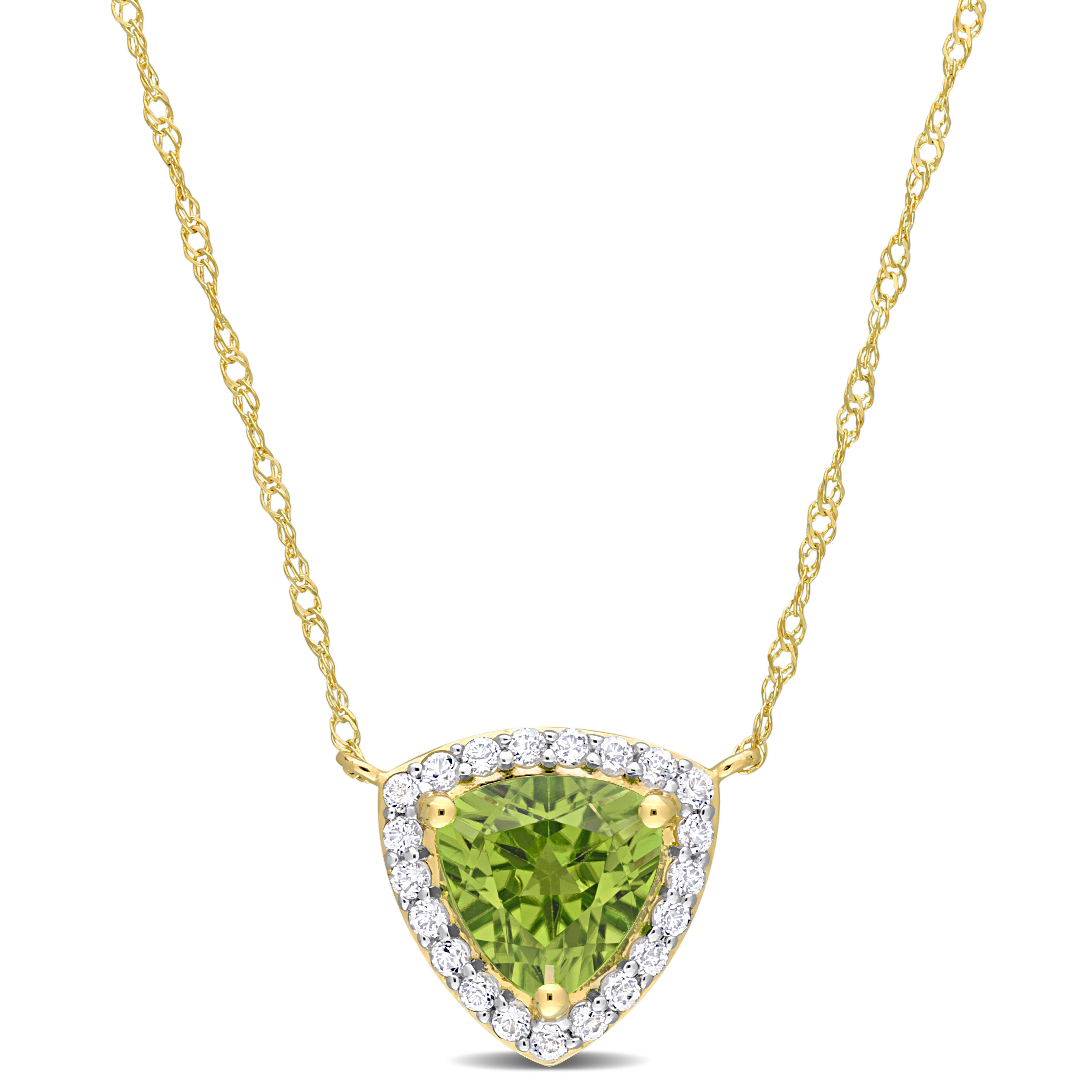 1 1/2 CT TGW White Topaz and Peridot Halo Triangle Necklace in 14k Yellow Gold - 17 in.