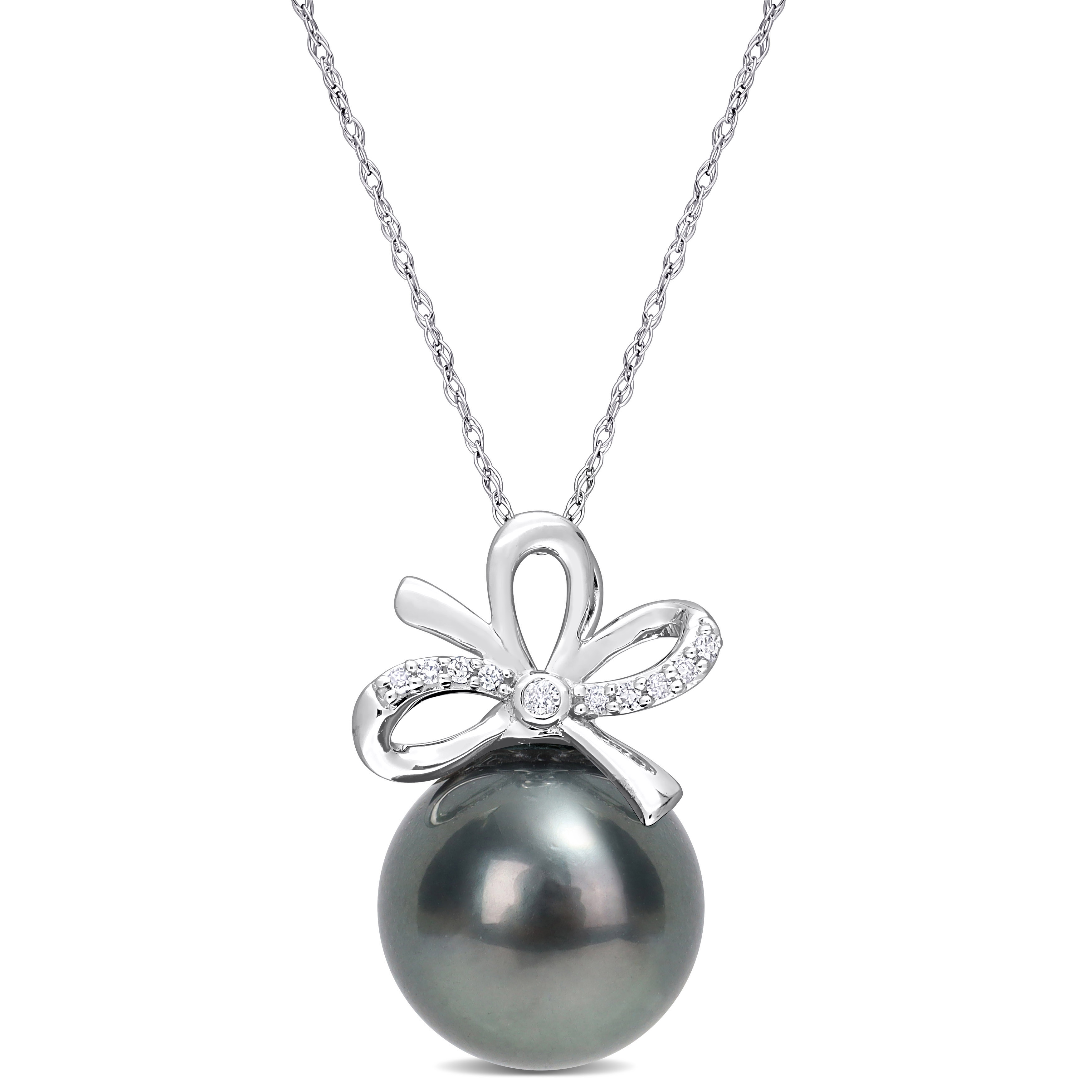 12-12.5 MM Black Tahitian Cultured Pearl & Diamond Accent Bow Pendant with Chain in 14k White Gold