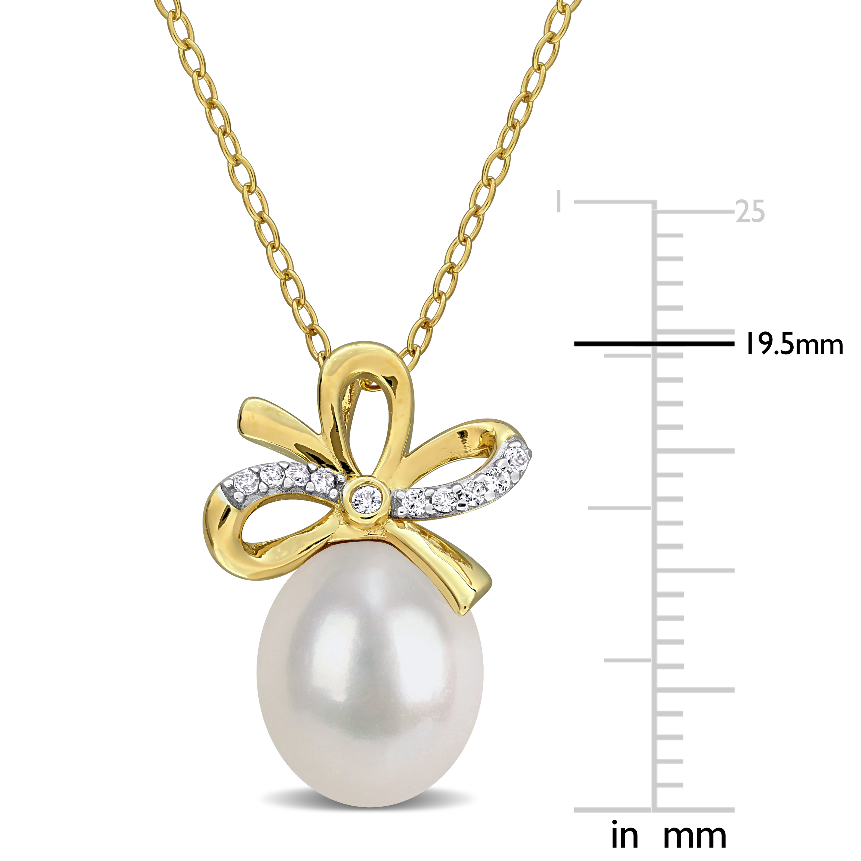 9-10mm Cultured Freshwater Pearl and 1/10ct TGW Created White Sapphire Bow Pendant with Chain in Two-Tone Sterling Silver - 18 in